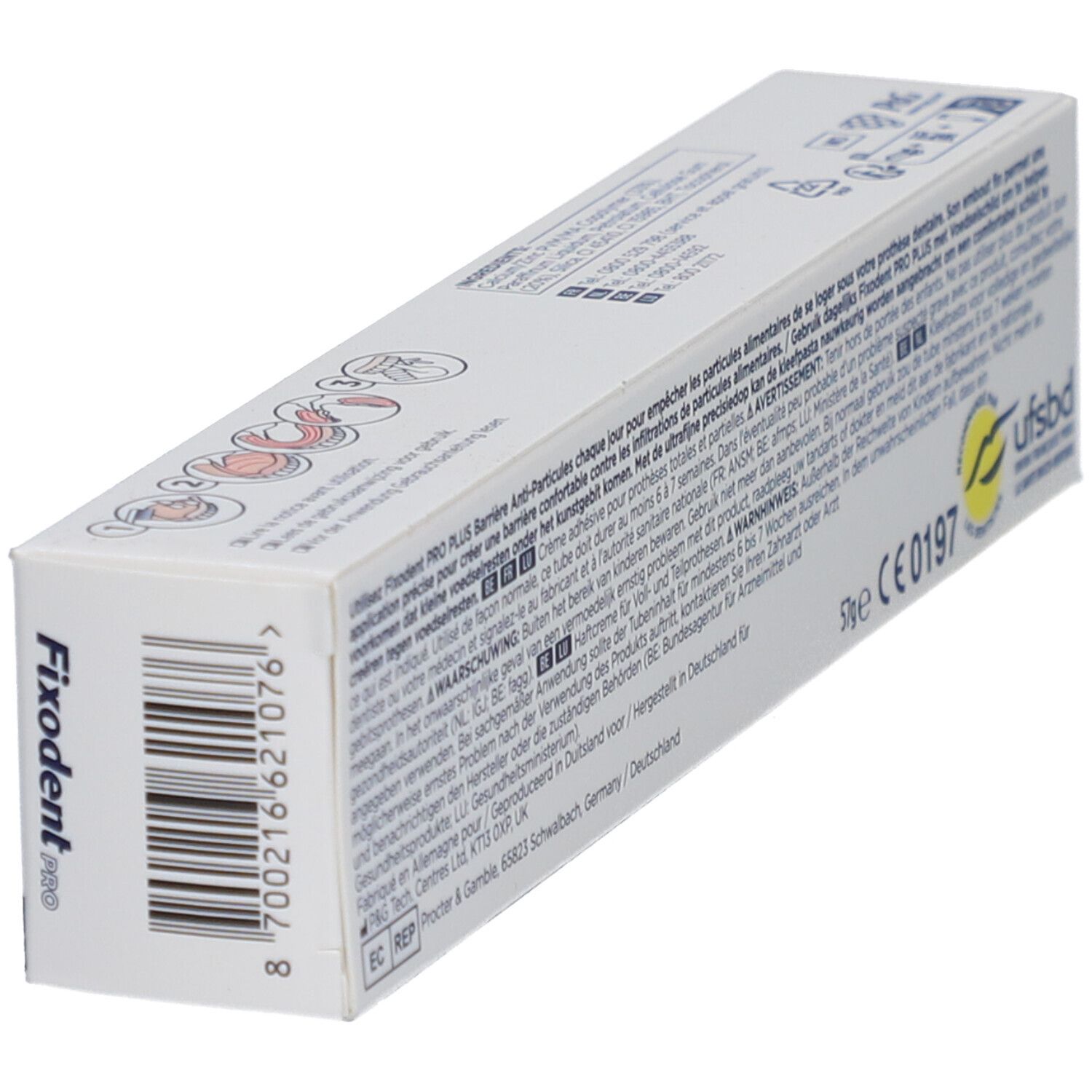 Fixodent Pro Plus verpakking. Productinfo. Kleefpasta voor prothesen. Neutrale smaak.