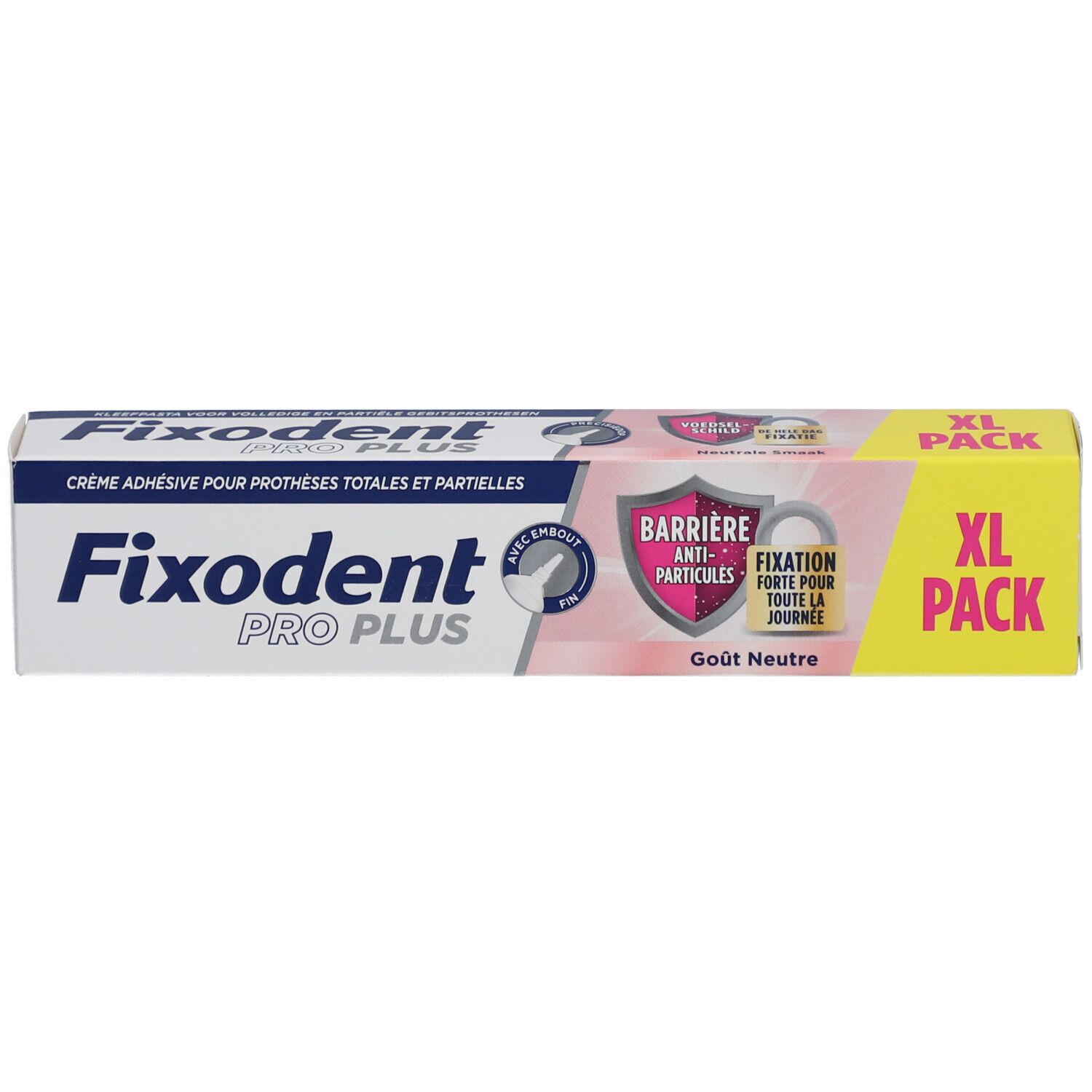 Fixodent Pro Plus, XL-verpakking. Kleefpasta voor prothesen. Neutrale smaak. Verpakking met productinfo.
