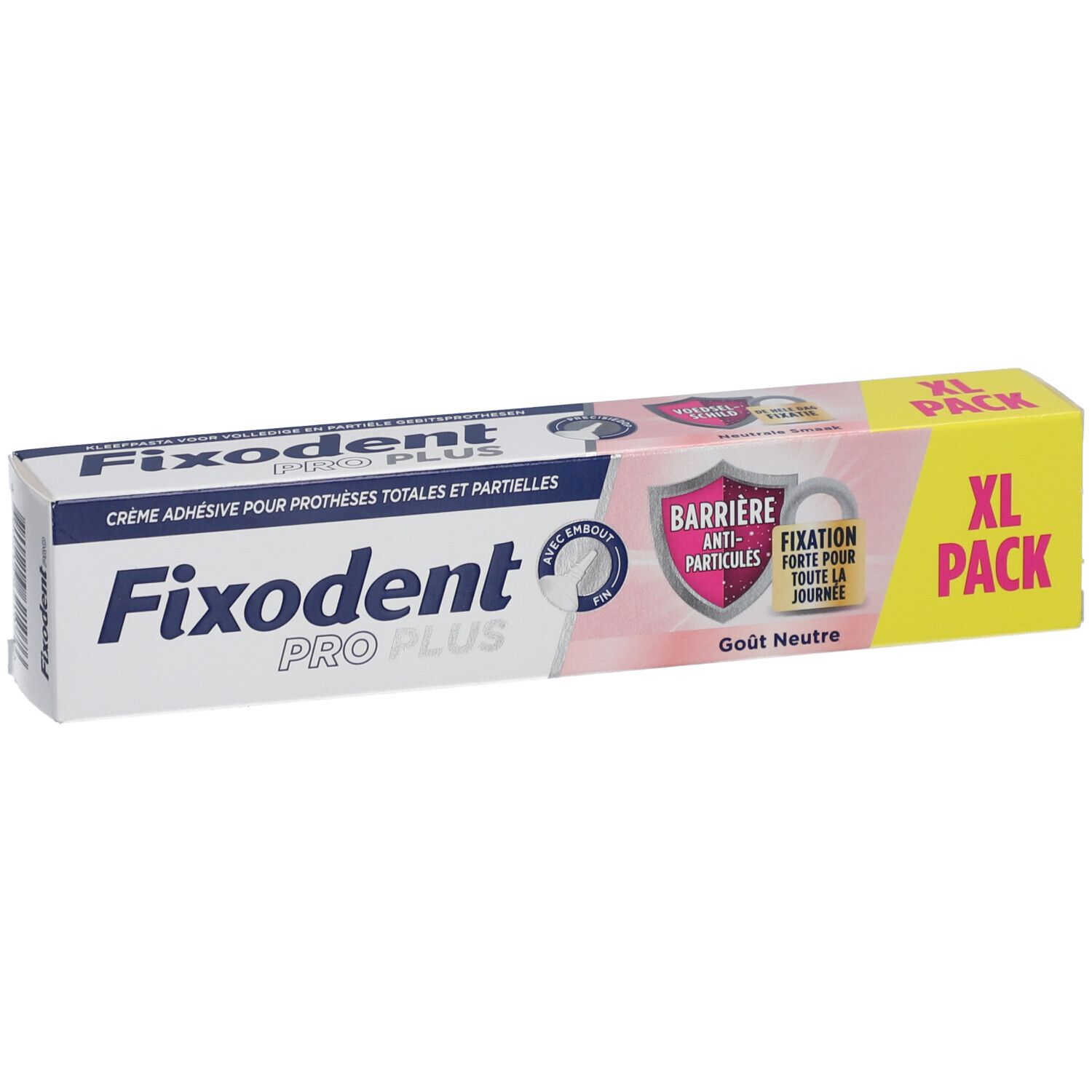 Fixodent Pro Plus, XL-verpakking. Kleefpasta voor prothesen. Neutrale smaak. Verpakking met productinfo.