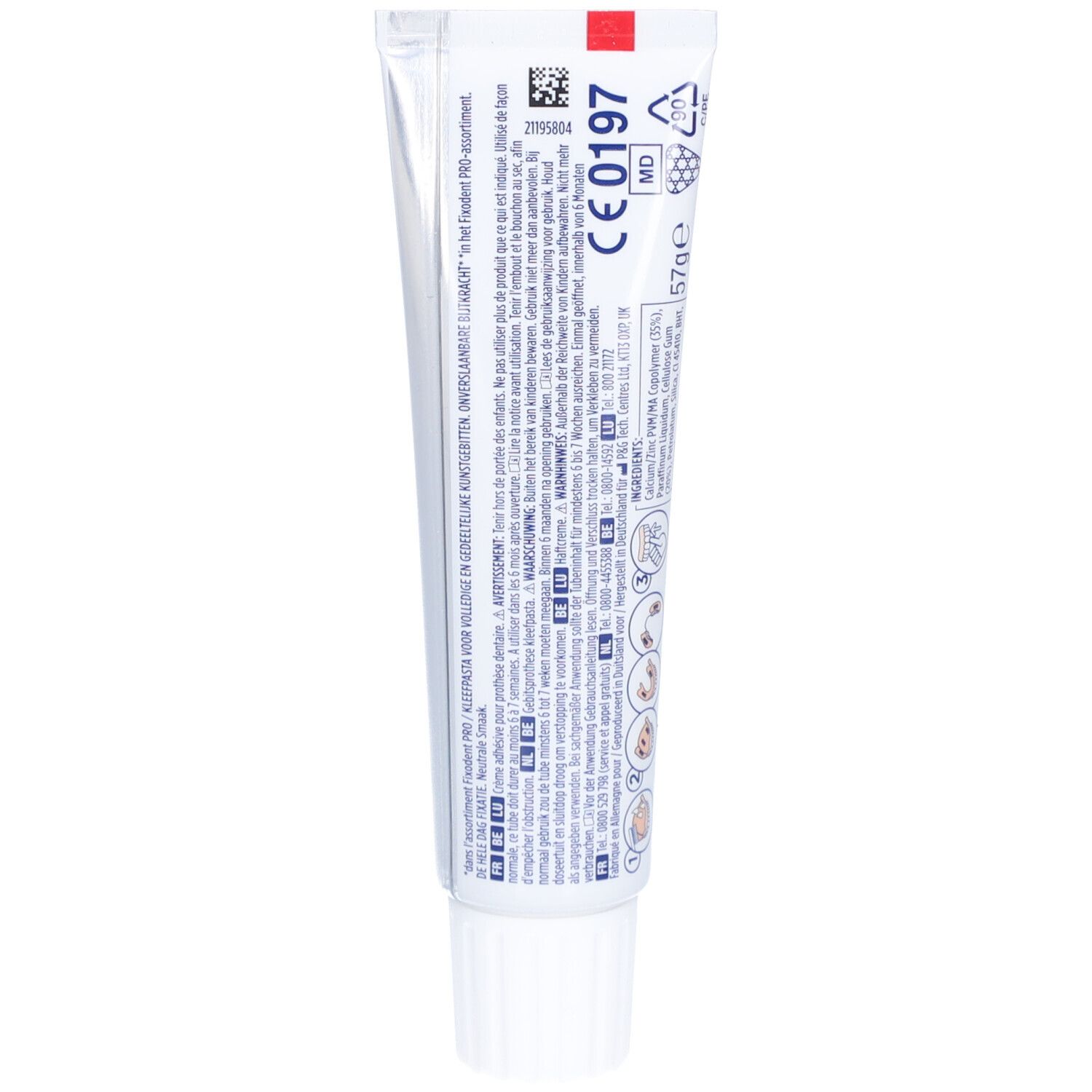 Rückseite der Zahnprothesen-Haftcreme-Tube. Informationen, Warnhinweise, Inhaltsstoffe und CE-Kennzeichnung.