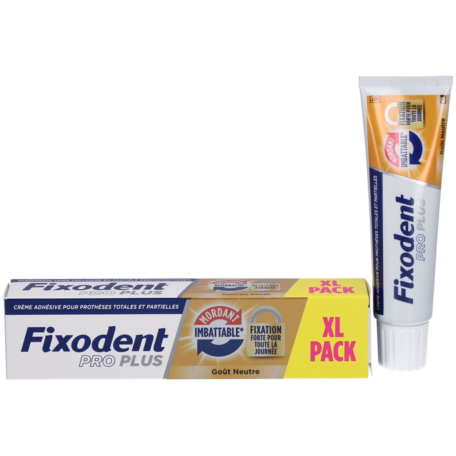 Fixodent Pro Plus Haftcreme und Verpackung. XL Packung. Neutrale Geschmacksrichtung. Starke Fixierung für den ganzen Tag.
