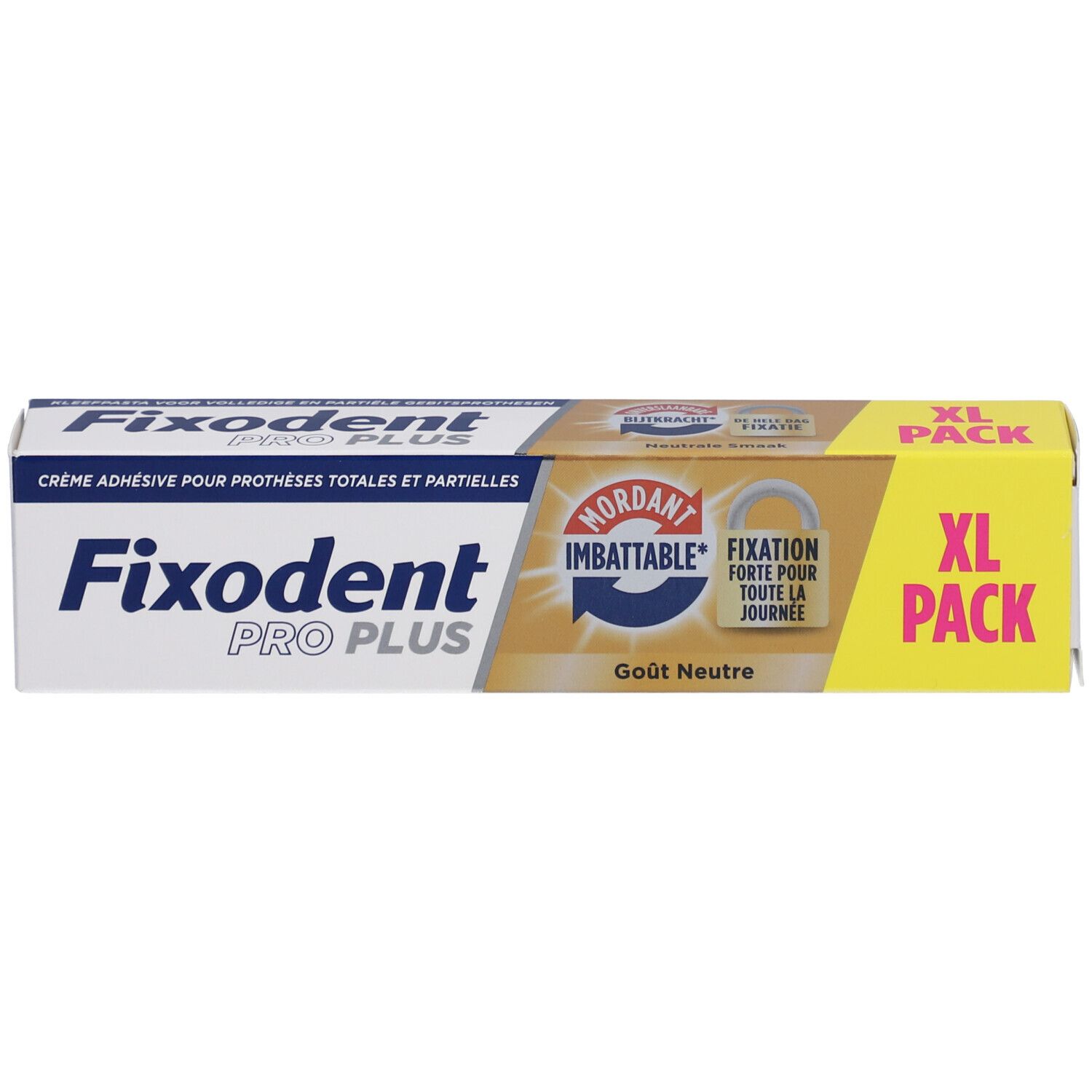XL-Packung Fixodent Pro Plus Haftcreme. Neutrale Geschmacksrichtung. Starke Fixierung für den ganzen Tag. Gelbe Verpackung.