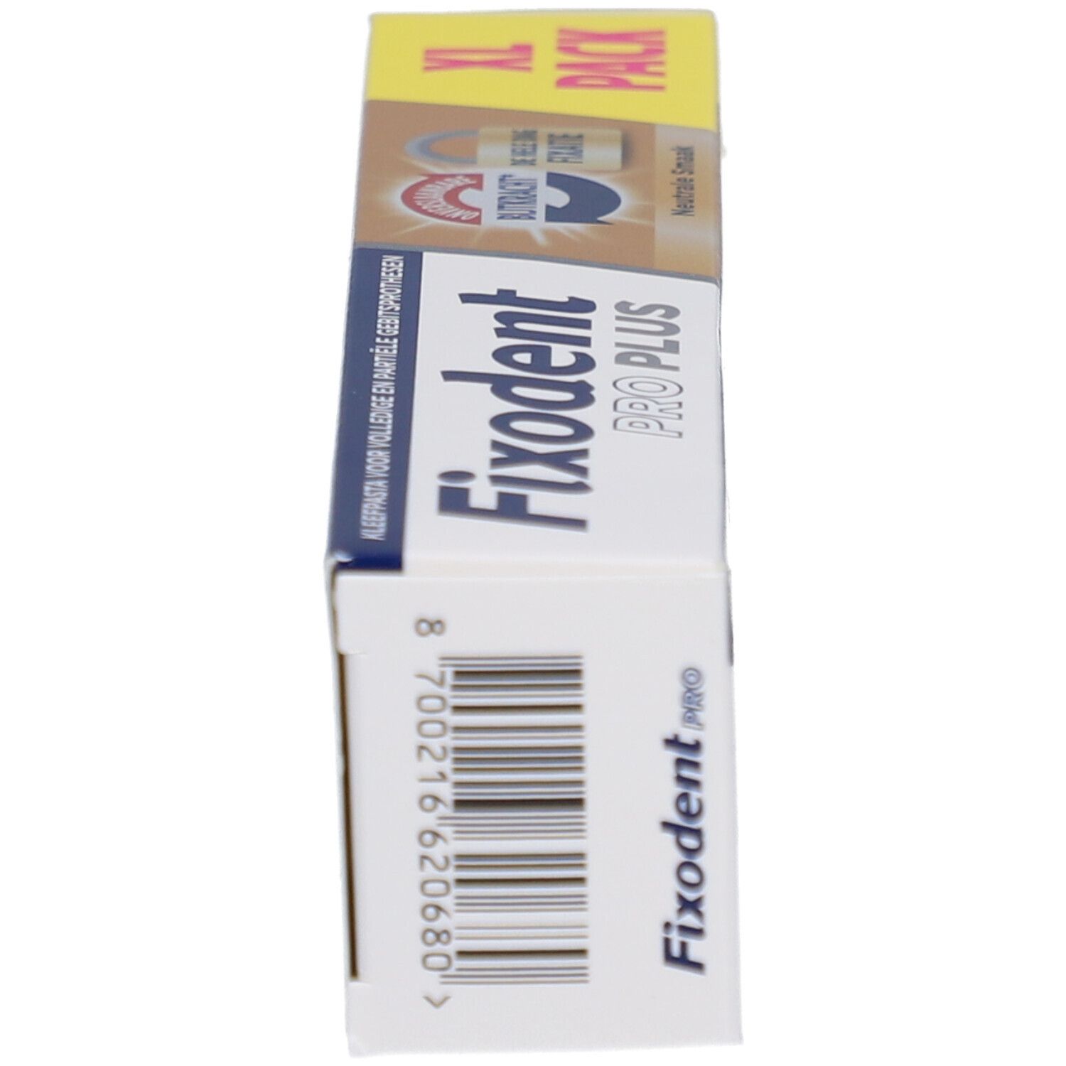 Seitenansicht der XL-Packung Fixodent Pro Plus. Produktinformationen und Logo.
