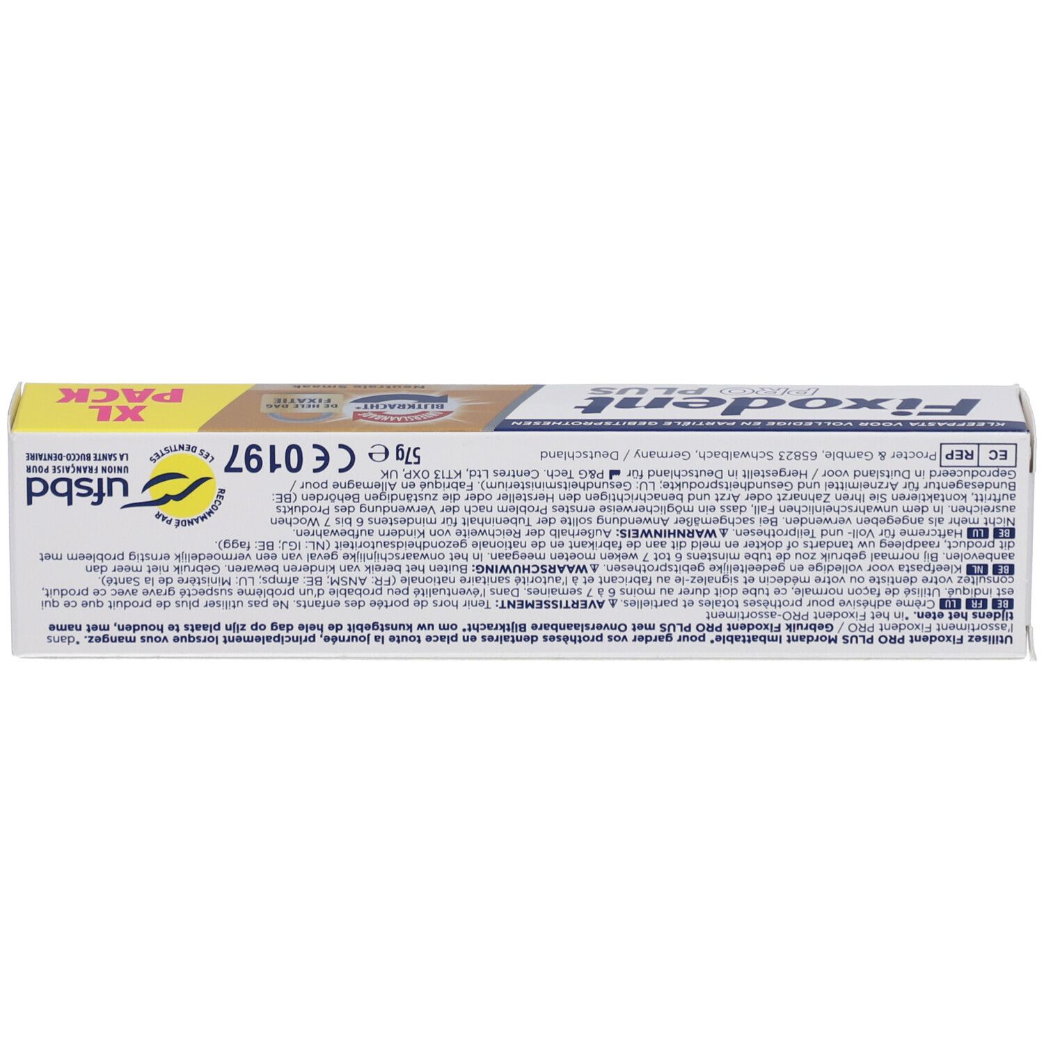 Rückseite der XL-Packung Fixodent Pro Plus. Produktinformationen, Warnhinweise und CE-Kennzeichnung.