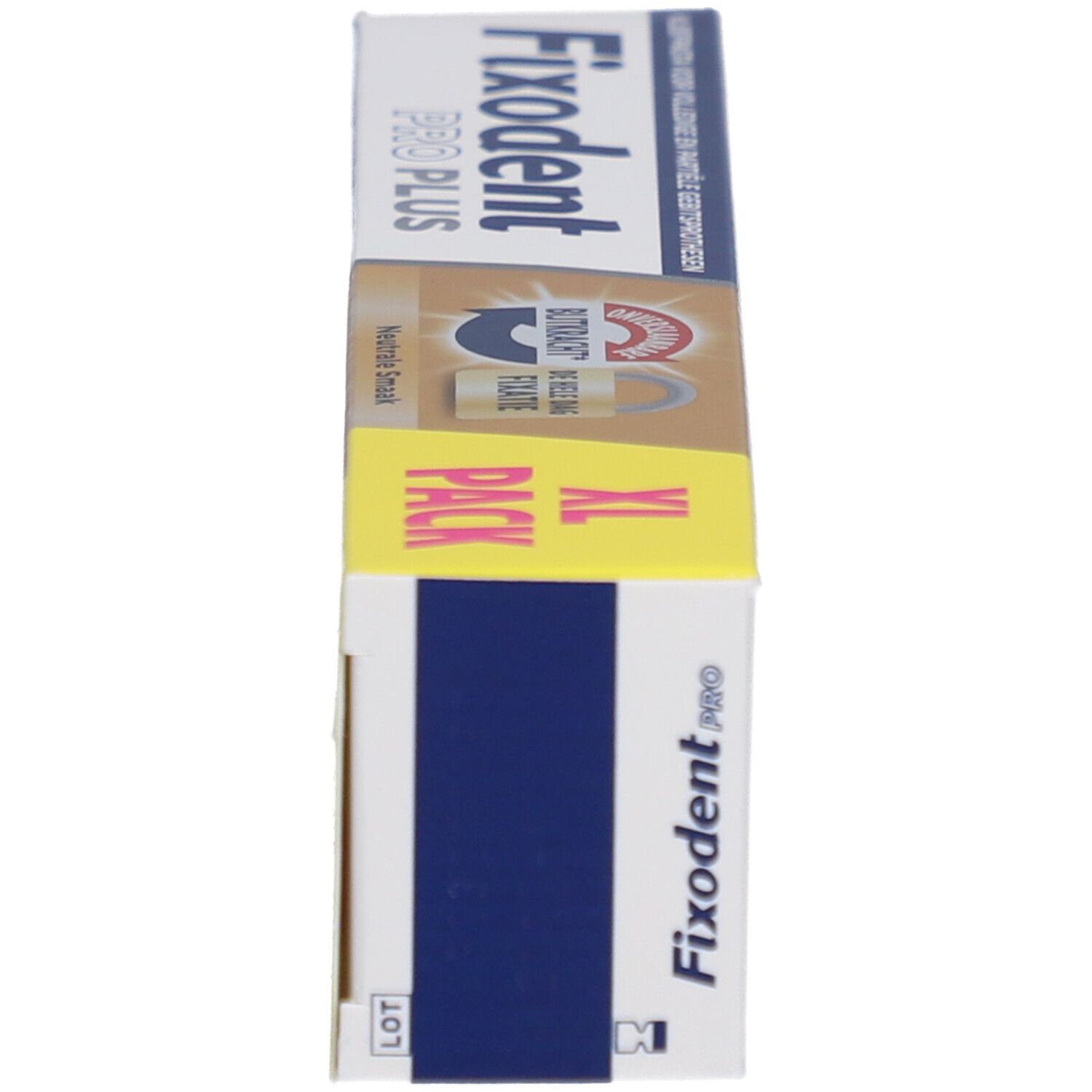 Seitenansicht der XL-Packung Fixodent Pro Plus. Produktinformationen und Logo.