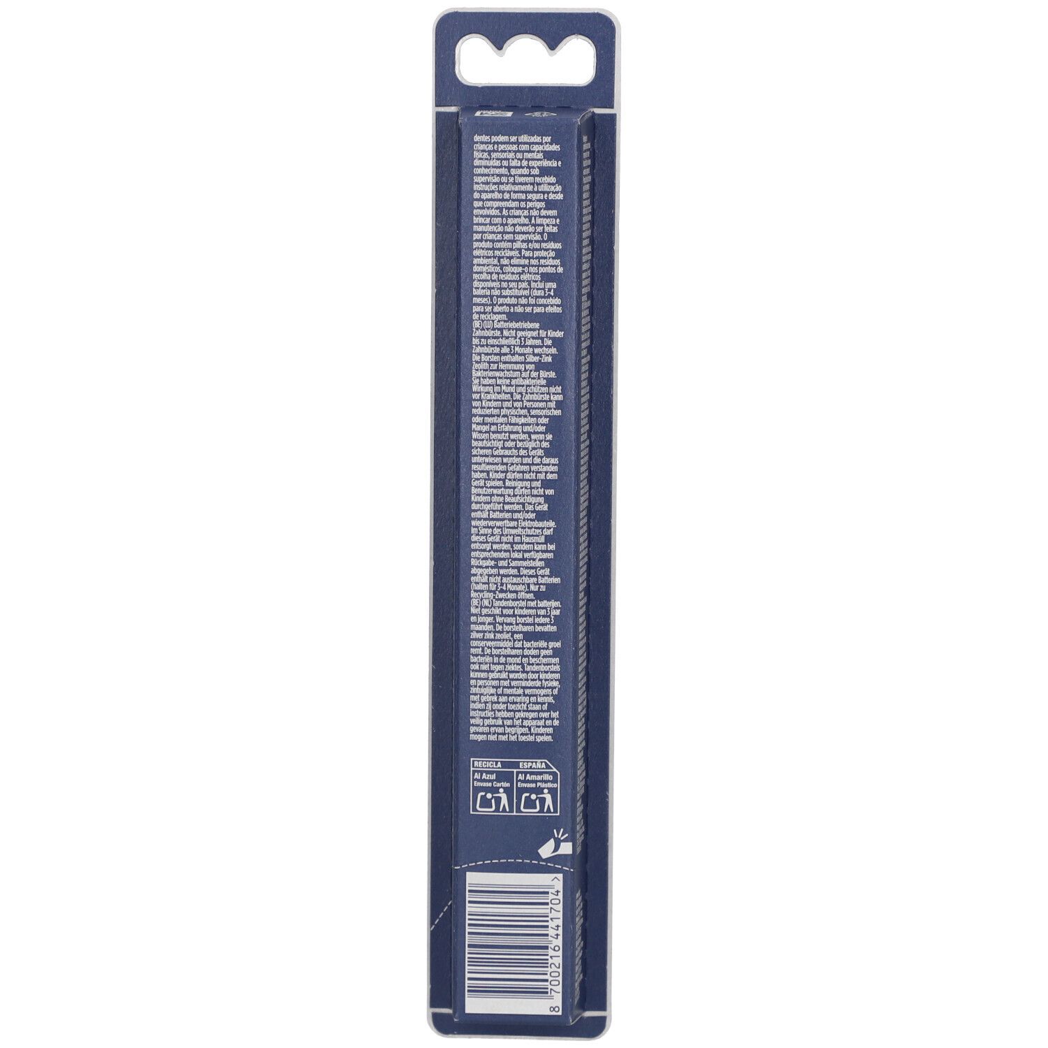 Dos de l'emballage de la brosse à dents. Texte et code-barres. Fond bleu.