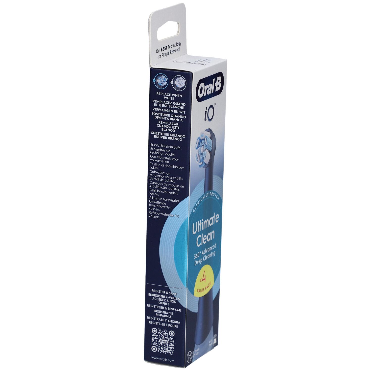 Oral-B iO Ultimate Clean Zahnbürstenaufsätze, Verpackung mit Produktabbildung und Text. Rückseite mit Produktinformationen und QR-Code.