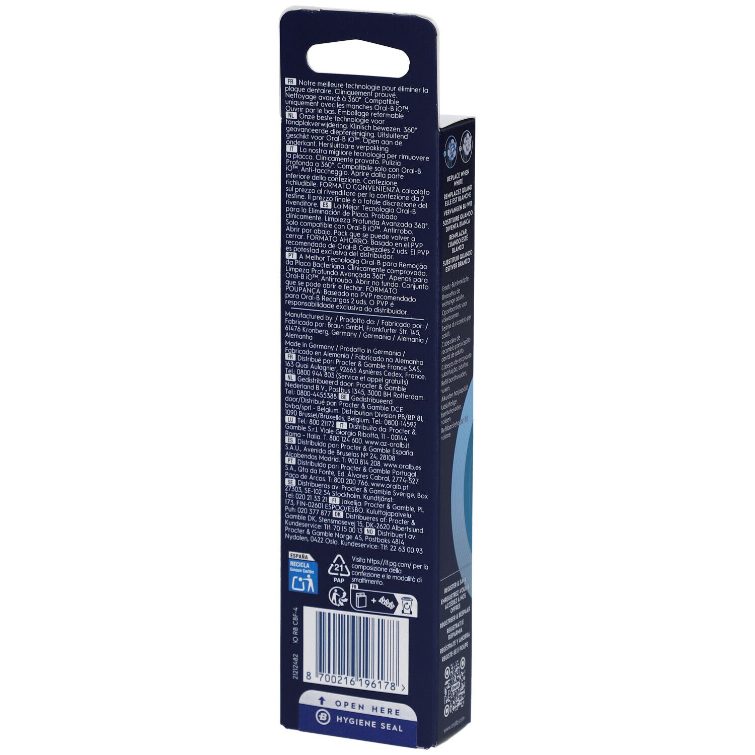 Rückseite der Oral-B iO Ultimate Clean Zahnbürstenaufsätze-Verpackung. Textinformationen in verschiedenen Sprachen, Barcode und Recycling-Symbole.
