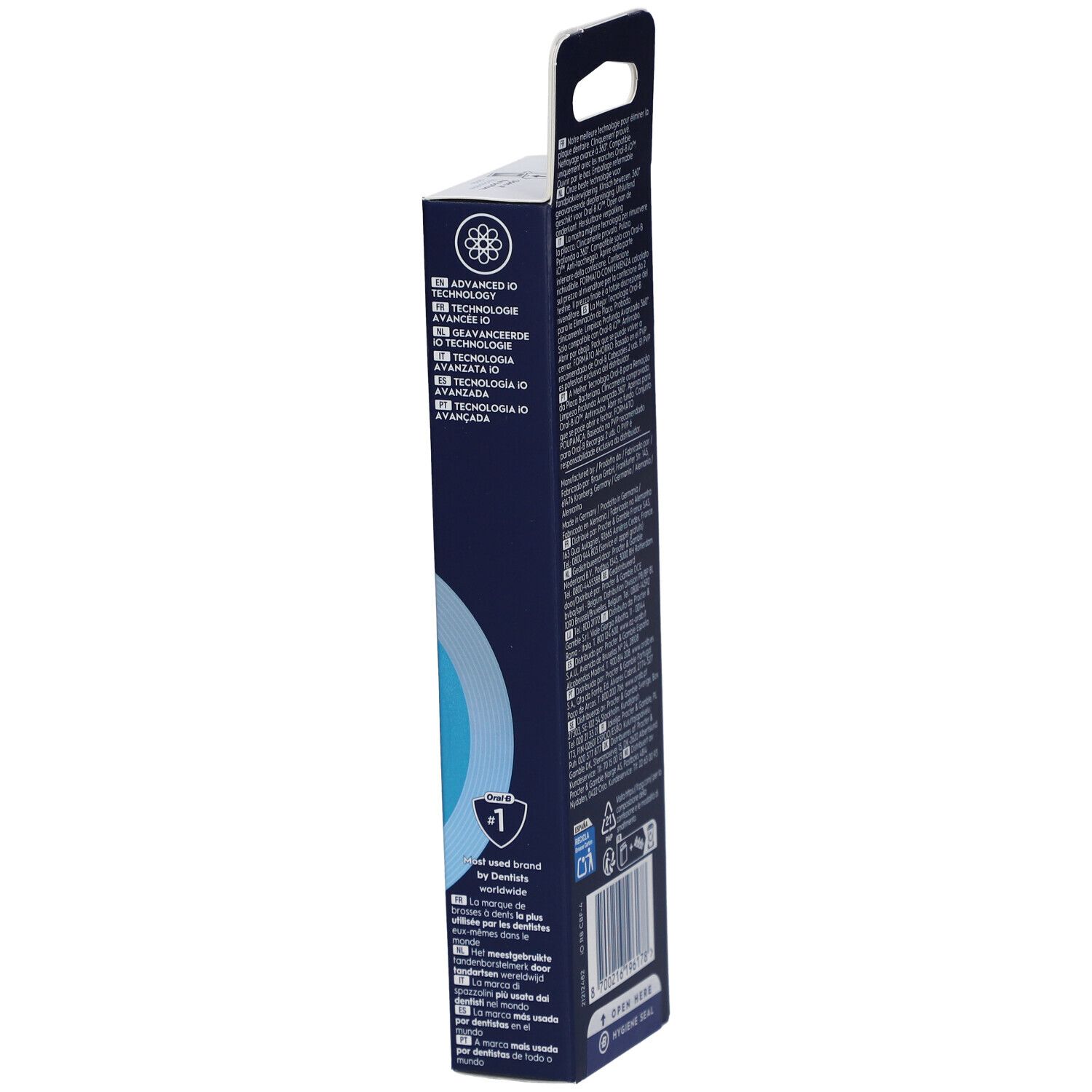Seite der Oral-B iO Ultimate Clean Zahnbürstenaufsätze-Verpackung. Textinformationen und Logos, darunter das Siegel 'Empfohlen von Zahnärzten'.