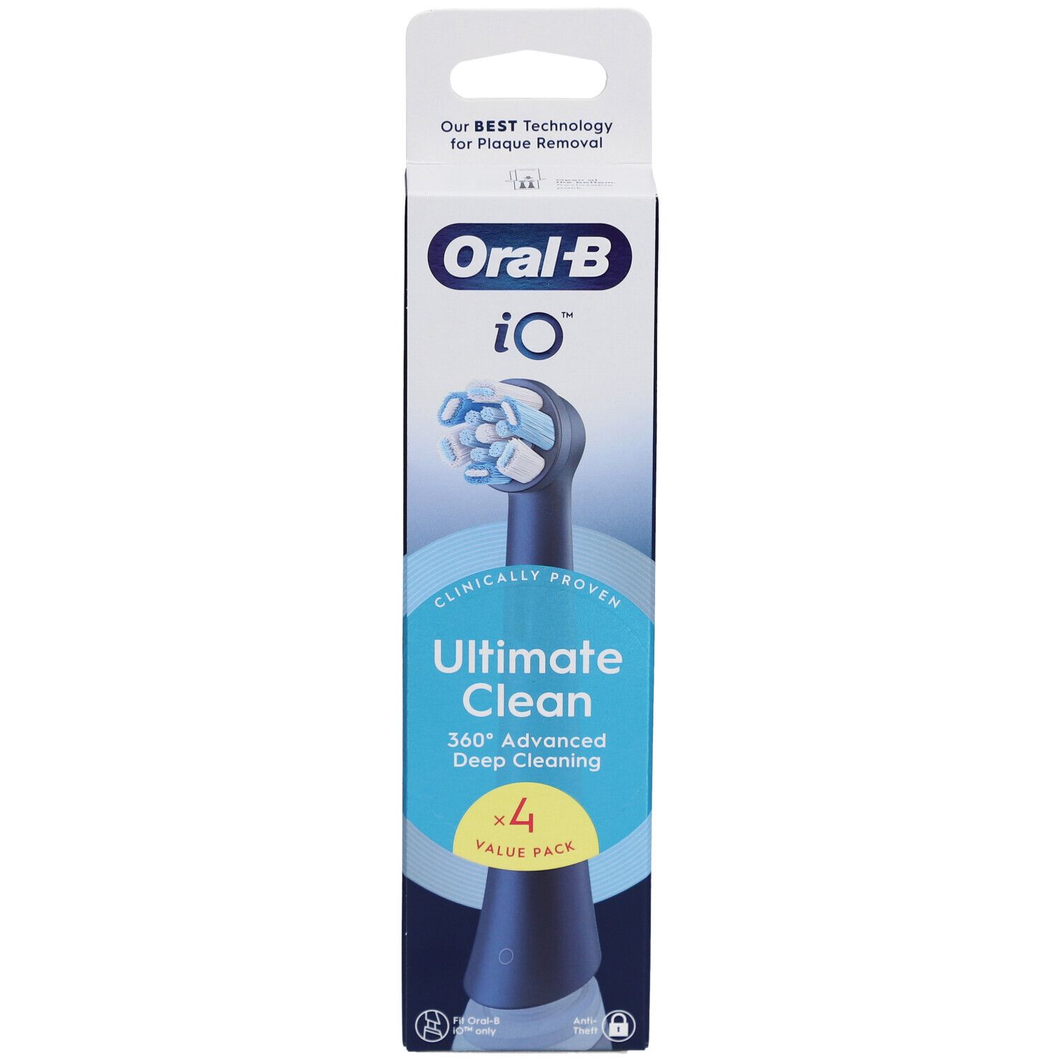 Oral-B iO Ultimate Clean Zahnbürstenaufsätze, 4er-Pack. Verpackung mit Produktabbildung und Text: Ultimate Clean, 360° Advanced Deep Cleaning.
