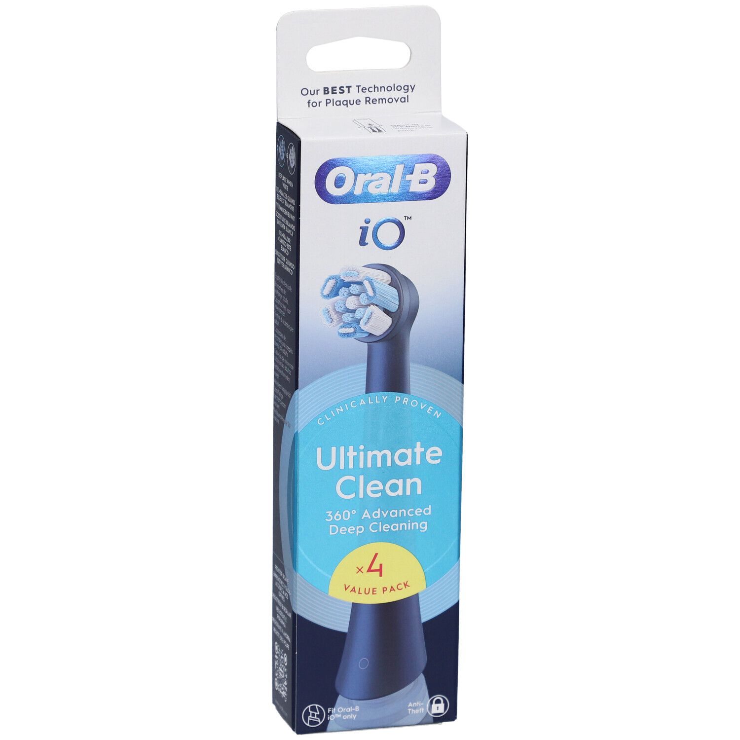 Oral-B iO Ultimate Clean Zahnbürstenaufsätze, 4er-Pack. Verpackung mit Produktabbildung und Text: Ultimate Clean, 360° Advanced Deep Cleaning.