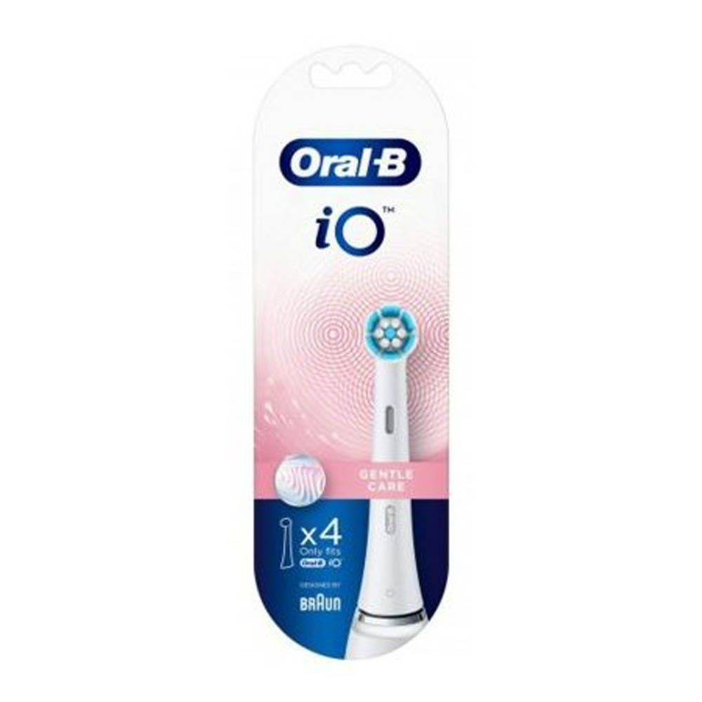 Recharge de brosse à dents Oral-B iO Gentle Care White 4 en blister. Inscription : Gentle Care. Pour iO uniquement.