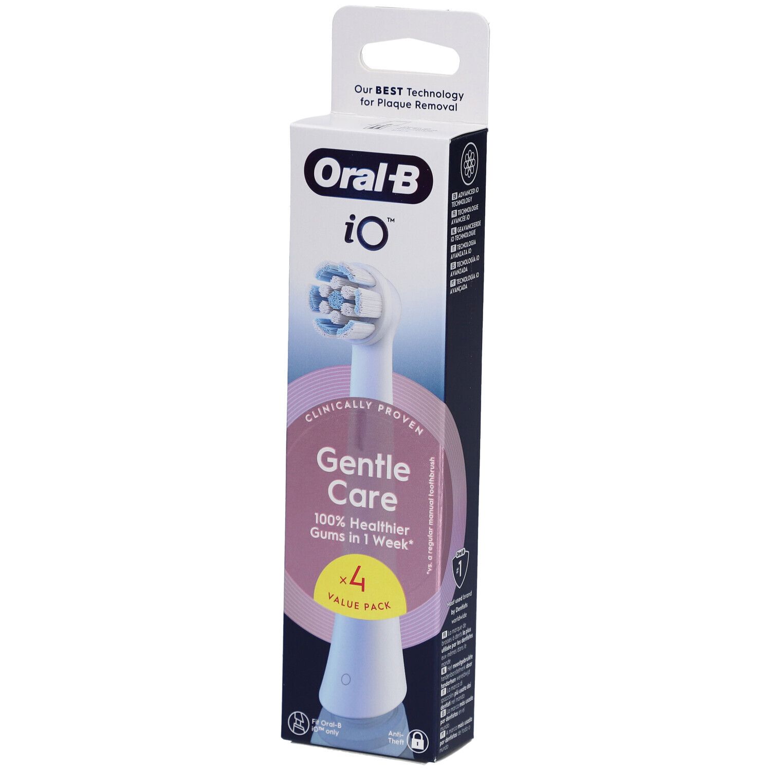 Recharges de brosse à dents Oral-B iO Gentle Care White 4 en emballage. Contient 4 recharges. Inscription : Gentle Care.