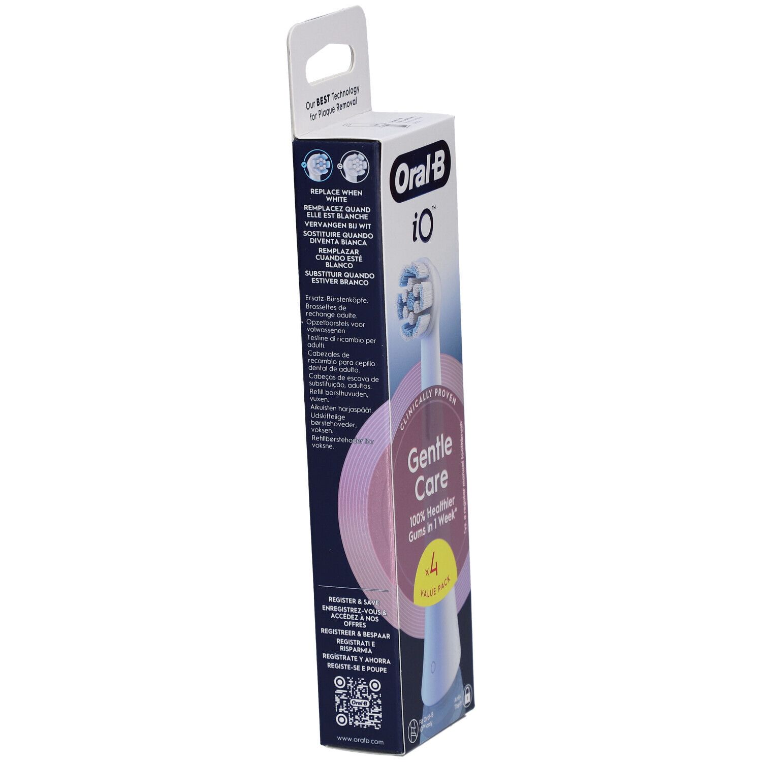 Emballage de Oral-B iO Gentle Care White 4. Contient 4 recharges. Inscription : Gentle Care. Dos avec texte.