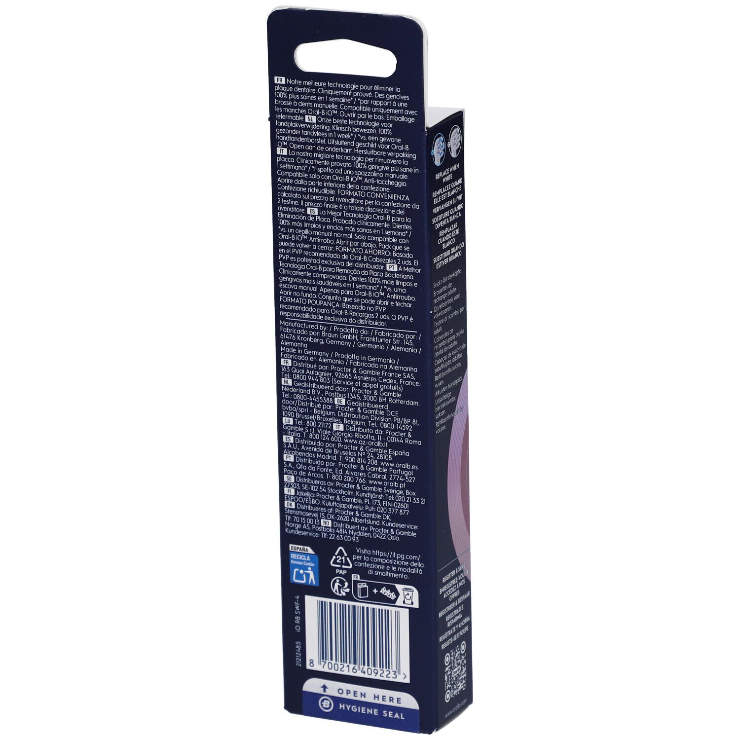 Dos de l'emballage Oral-B iO Gentle Care White 4. Texte en plusieurs langues. Code-barres.