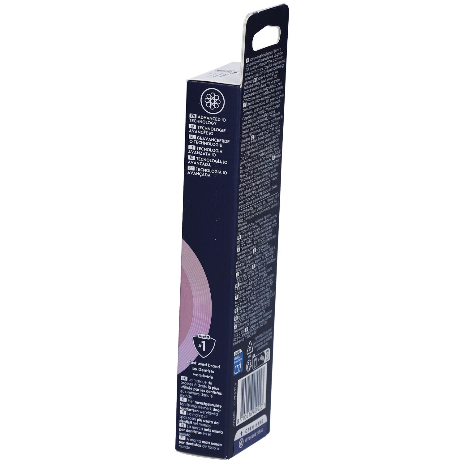 Côté de l'emballage Oral-B iO Gentle Care White 4. Texte en plusieurs langues. Logo.