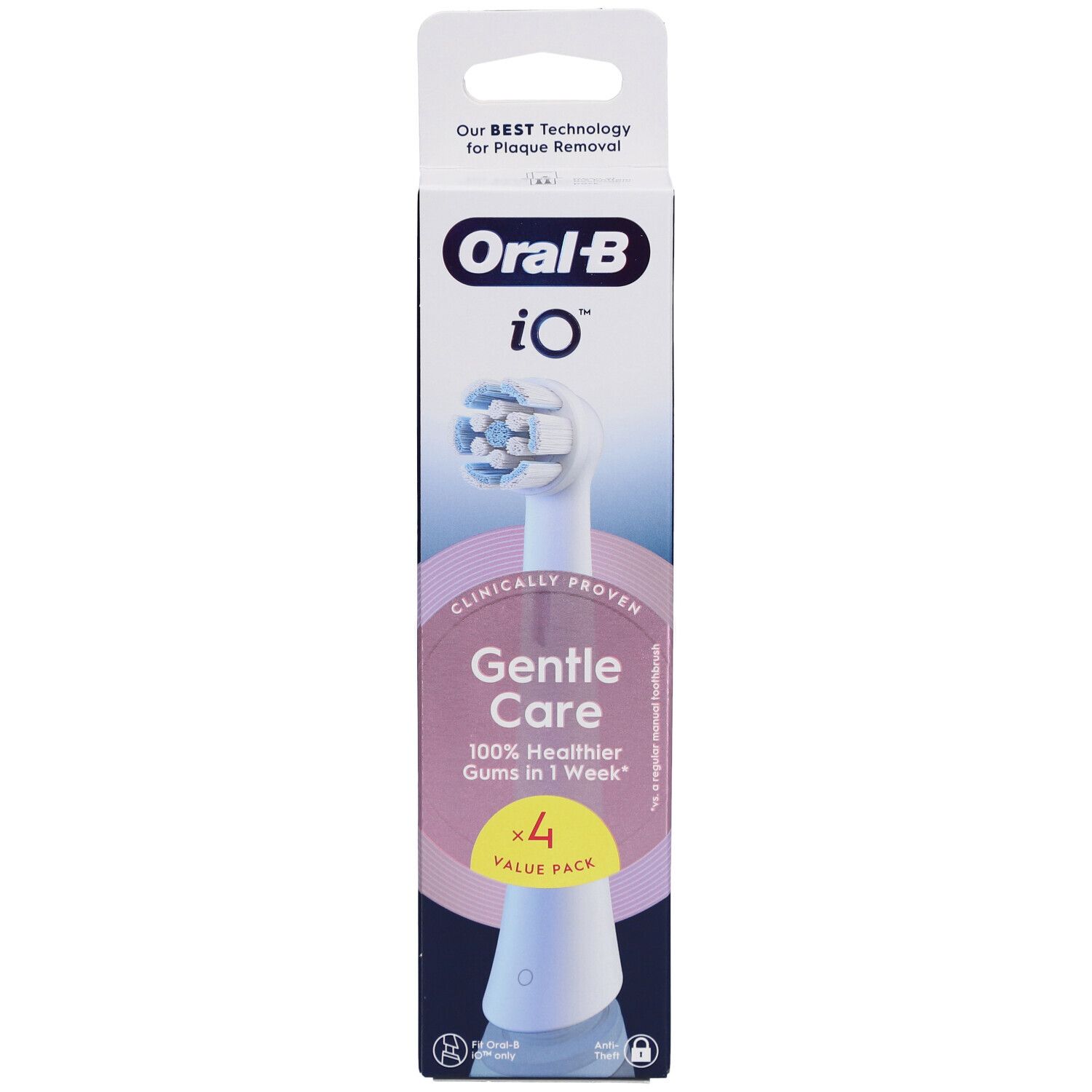 Recharges de brosse à dents Oral-B iO Gentle Care White 4 en emballage. Contient 4 recharges. Inscription : Gentle Care.