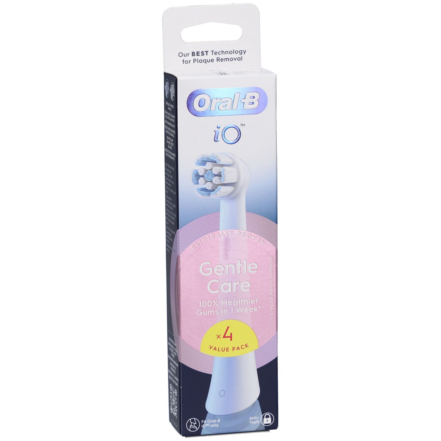 Recharges de brosse à dents Oral-B iO Gentle Care White 4 en emballage. Contient 4 recharges. Inscription : Gentle Care.