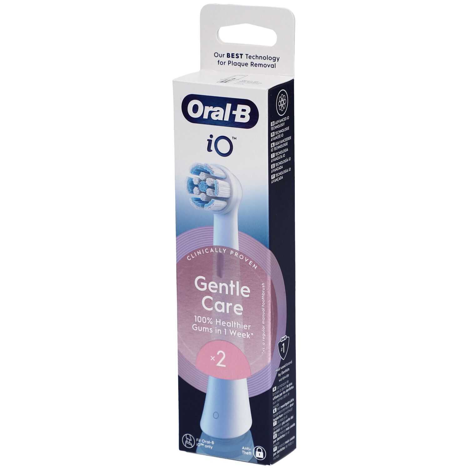 Oral-B iO Sanft Sauber Weiß 2 Zahnbürstenkopf. Verpackung mit Produktabbildung und Text: Gentle Care, 100% gesünderes Zahnfleisch in 1 Woche.