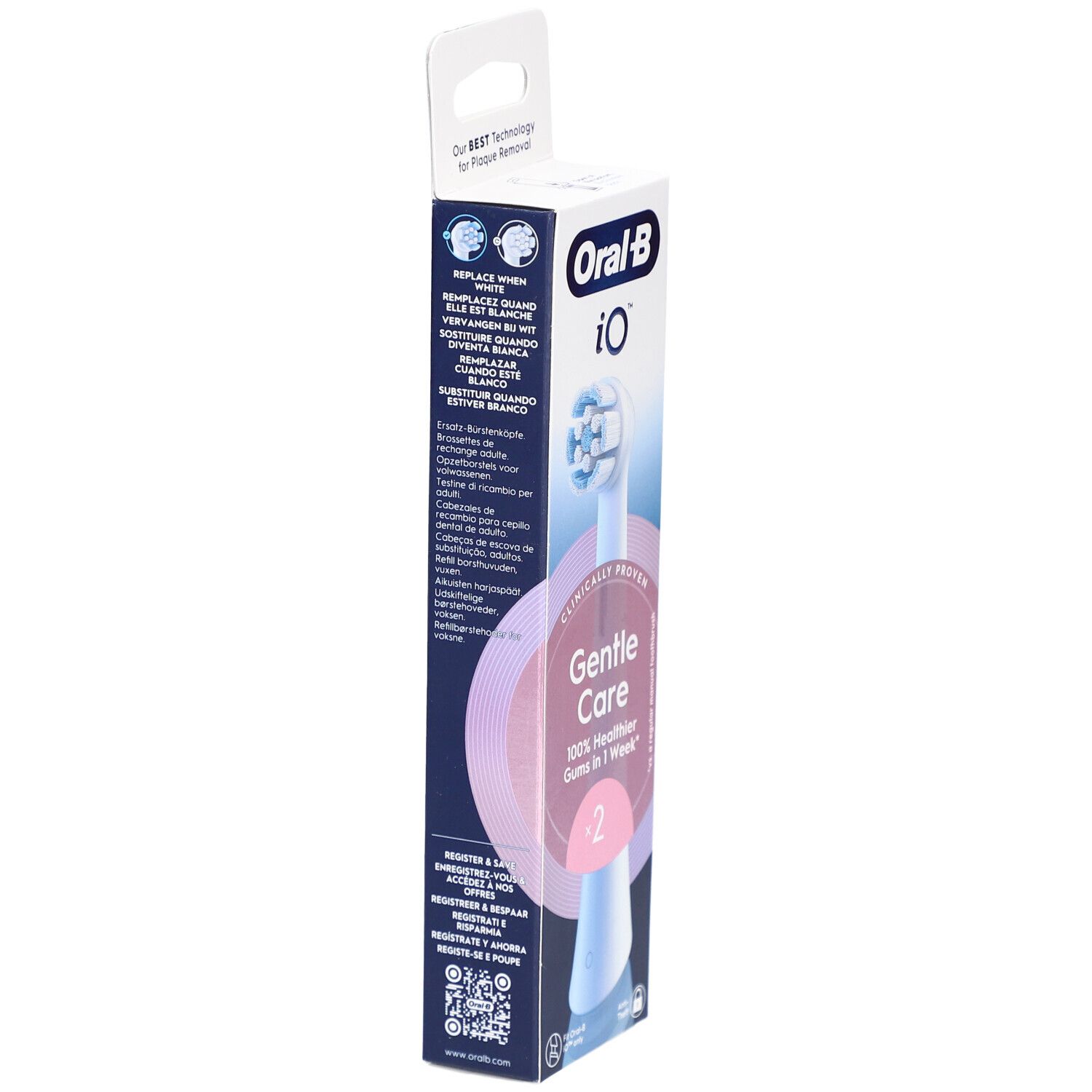 Oral-B iO Sanft Sauber Weiß 2 Zahnbürstenkopf-Verpackung. Seitenansicht mit Produktinformationen und Text: Gentle Care, 100% gesünderes Zahnfleisch in 1 Woche.