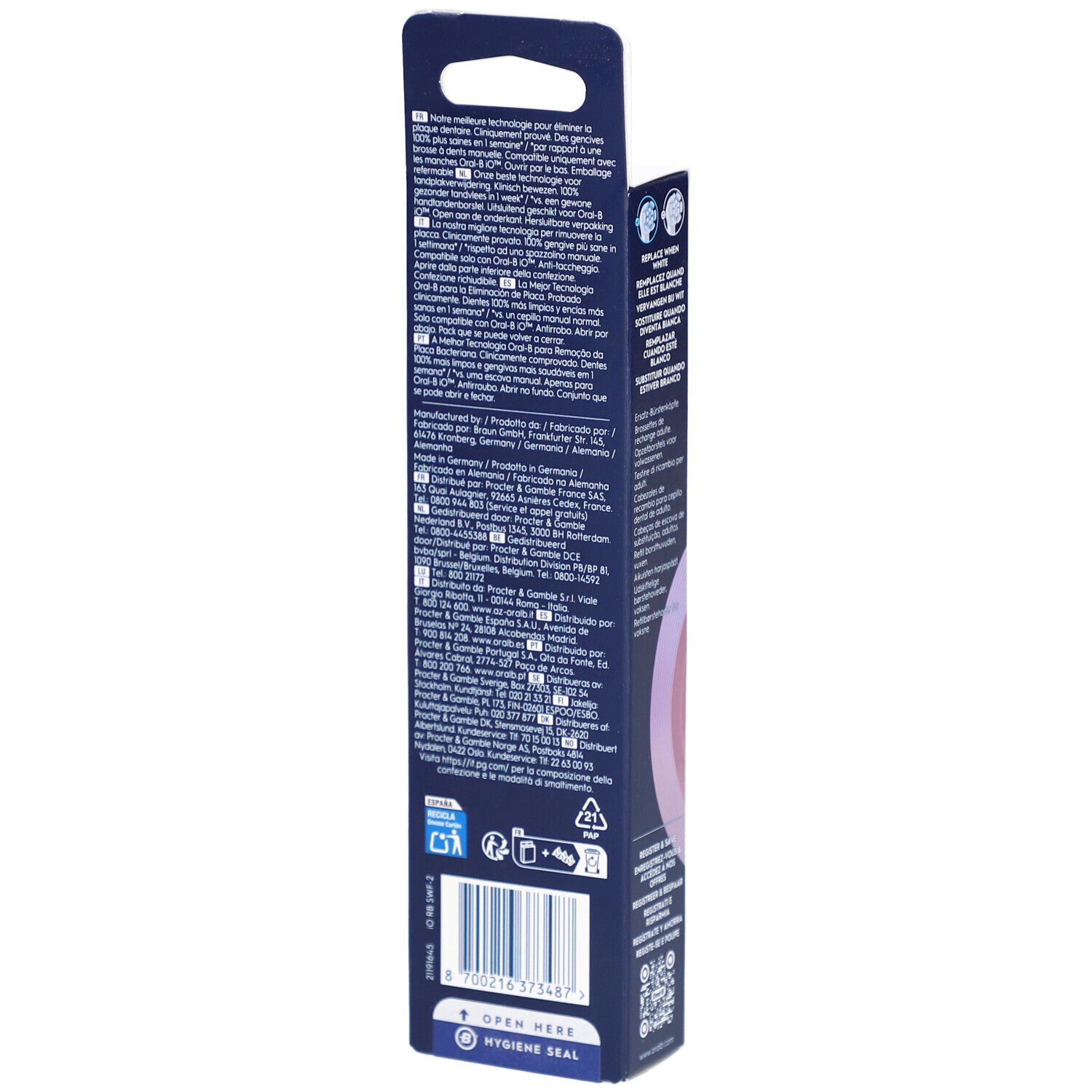 Rückseite der Oral-B iO Sanft Sauber Weiß 2 Zahnbürstenkopf-Verpackung. Text und Barcode.
