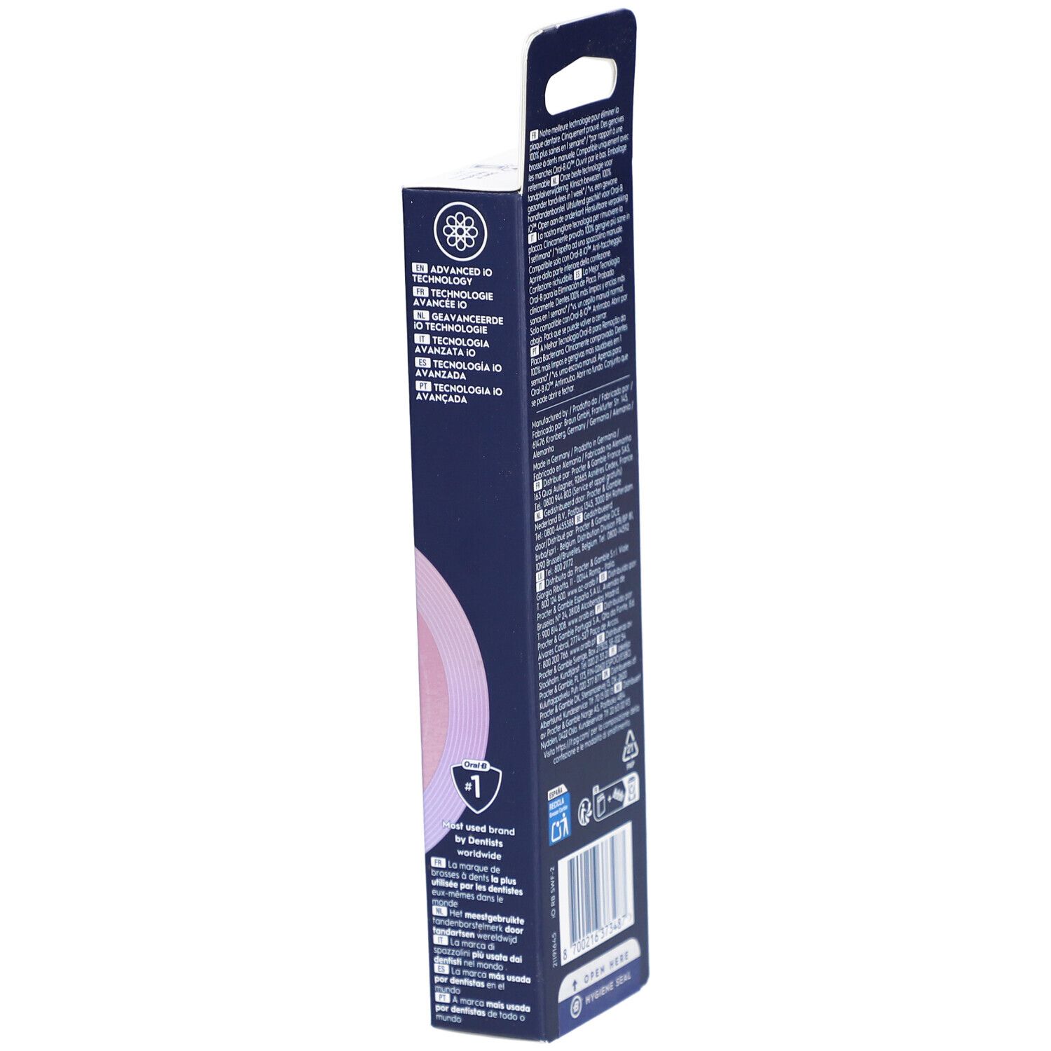 Seite der Oral-B iO Sanft Sauber Weiß 2 Zahnbürstenkopf-Verpackung. Text und Piktogramme.