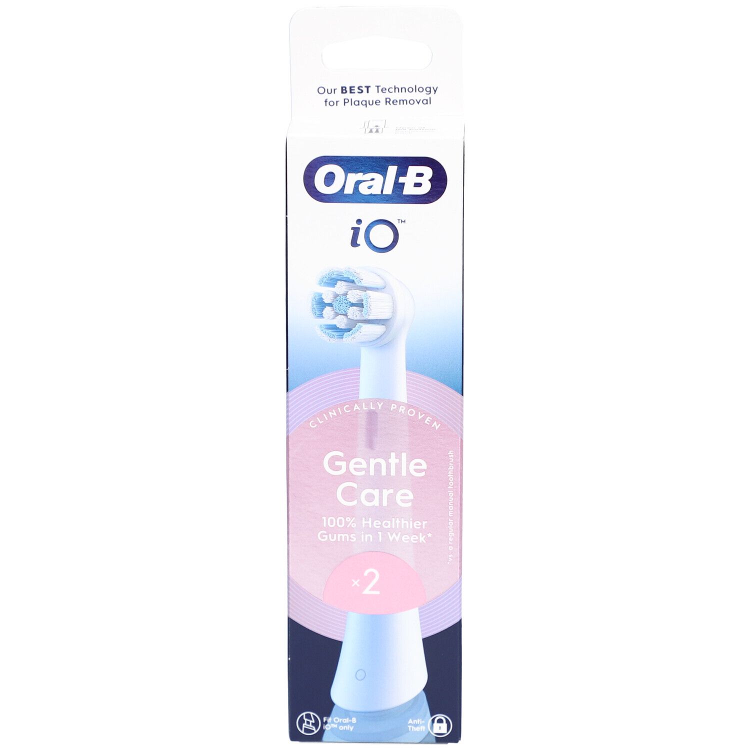 Oral-B iO Sanft Sauber Weiß 2 Zahnbürstenkopf. Verpackung mit Produktabbildung und Text: Gentle Care, 100% gesünderes Zahnfleisch in 1 Woche.