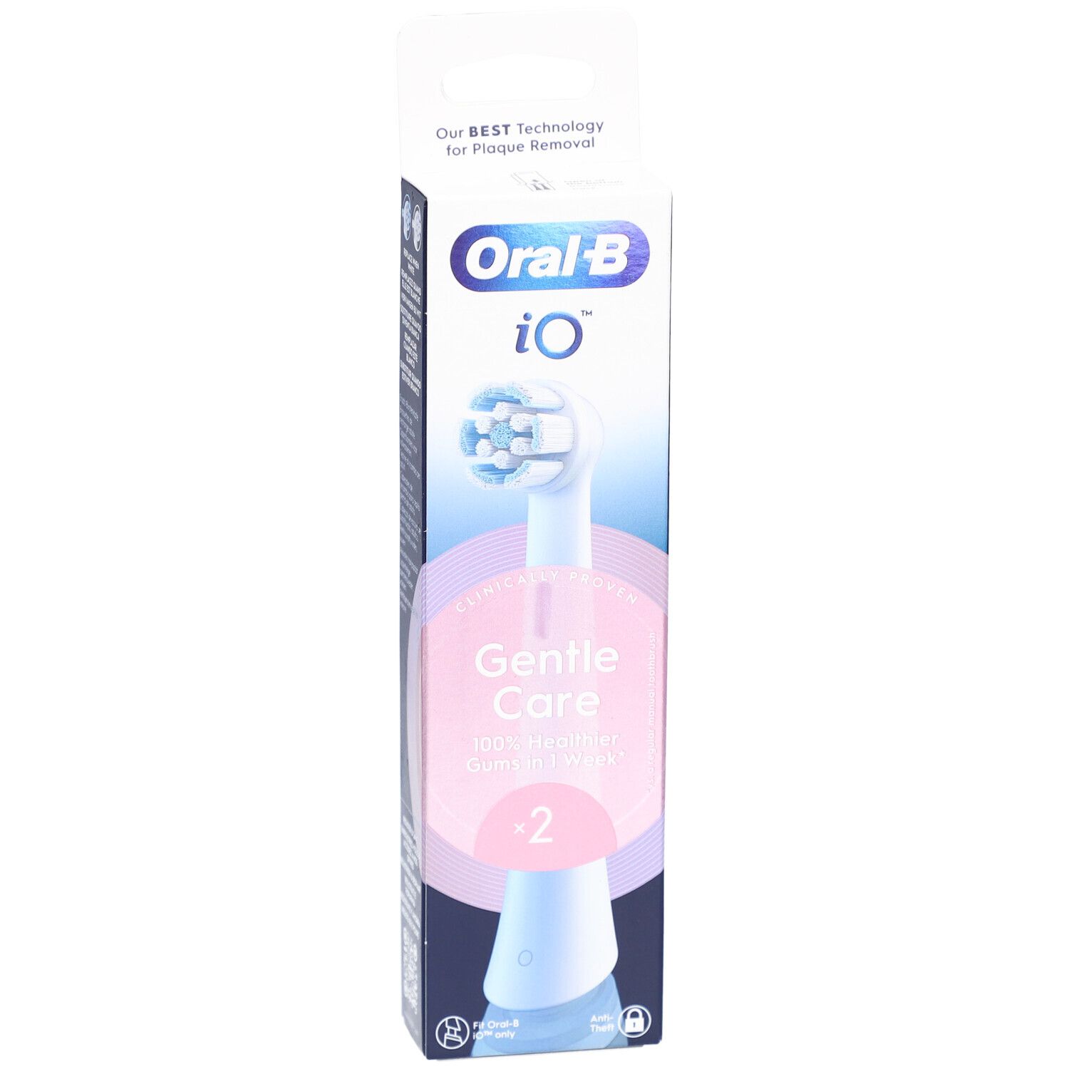 Oral-B iO Sanft Sauber Weiß 2 Zahnbürstenkopf. Verpackung mit Produktabbildung und Text: Gentle Care, 100% gesünderes Zahnfleisch in 1 Woche.