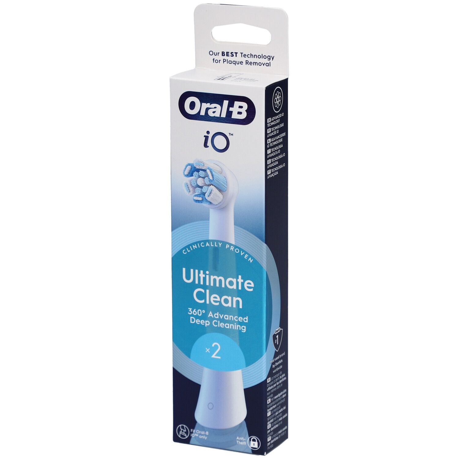 Tête de brosse à dents Oral-B iO Ultimate Clean 2. Emballage. Nettoyage en profondeur 360° prouvé cliniquement.