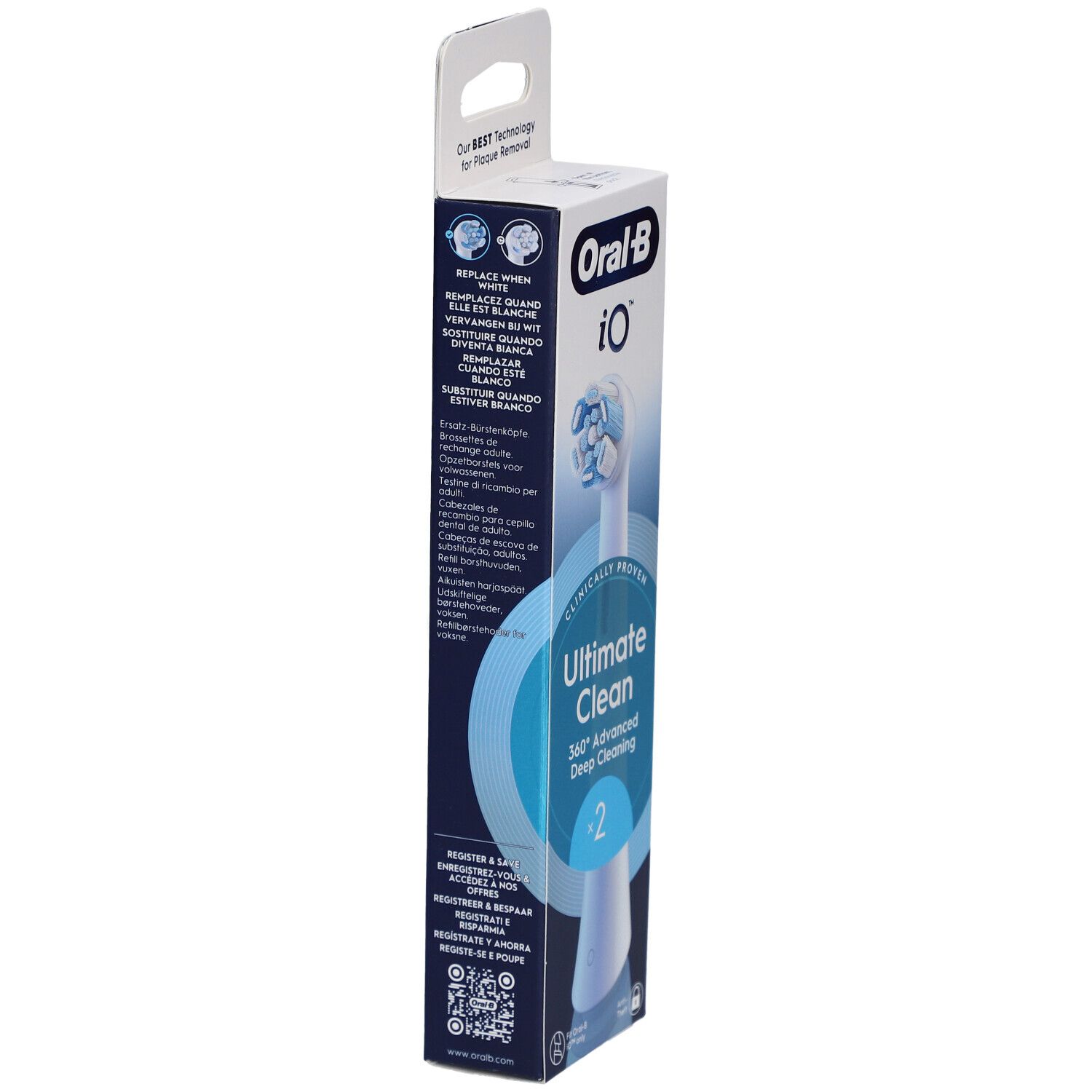 Emballage Oral-B iO Ultimate Clean 2. Texte et code QR sur le côté. Informations d'utilisation.