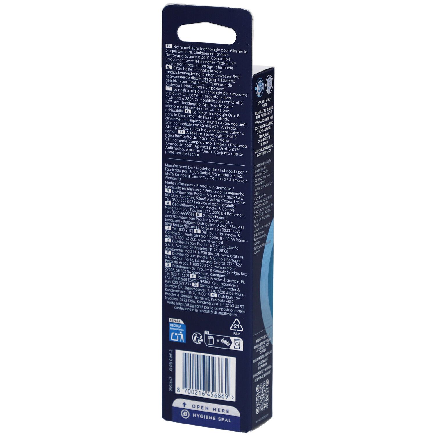 Dos de l'emballage Oral-B iO Ultimate Clean 2. Texte multilingue. Informations.