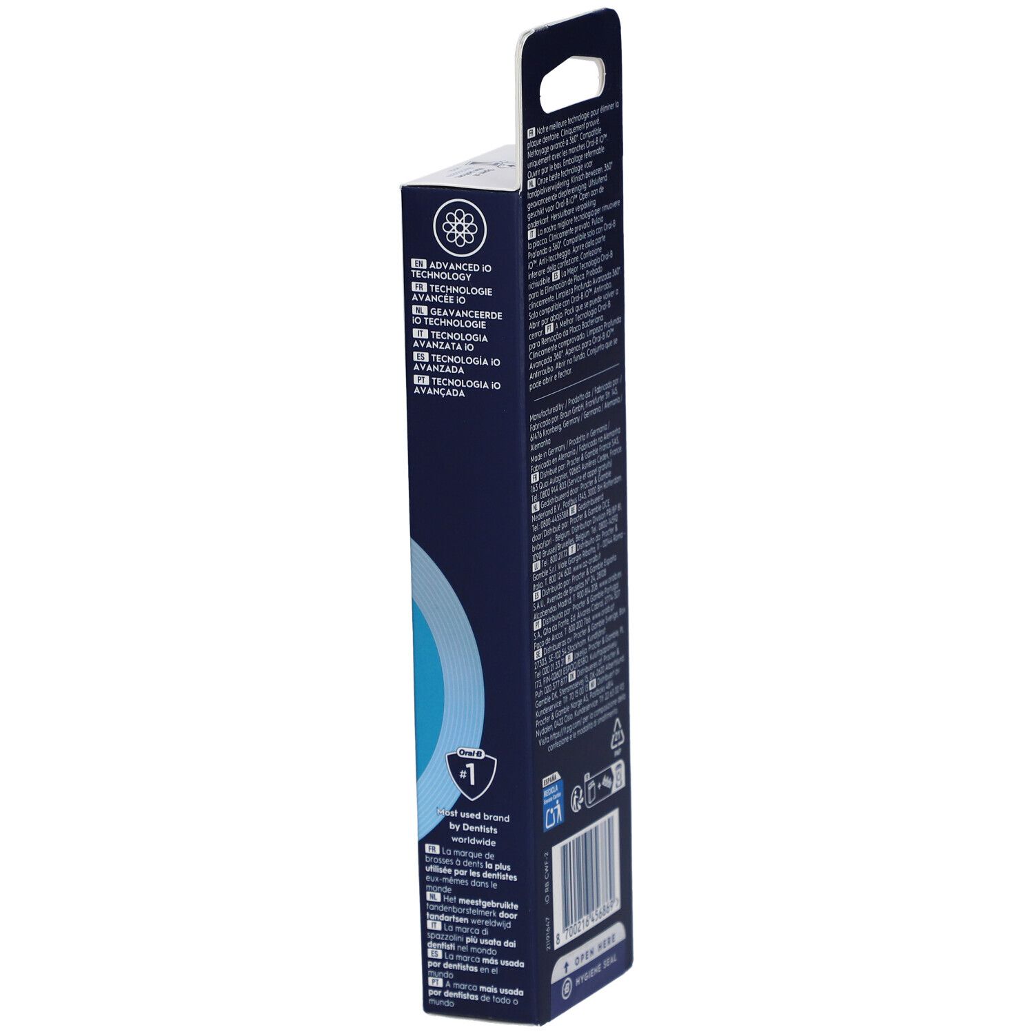 Côté de l'emballage Oral-B iO Ultimate Clean 2. Texte multilingue. Informations.