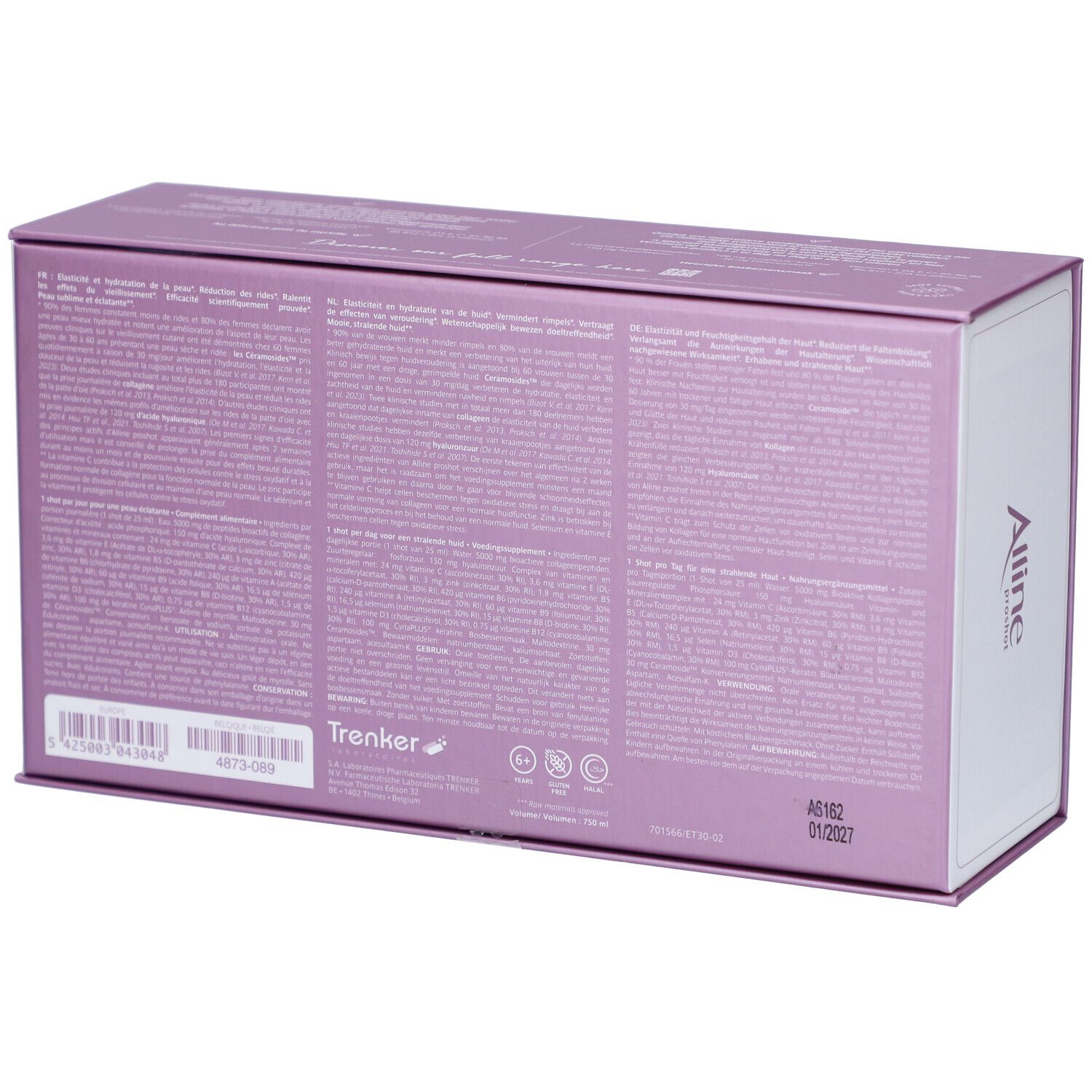 Rückseite einer Packung mit 30 Alline Proshot Ampullen, lila.