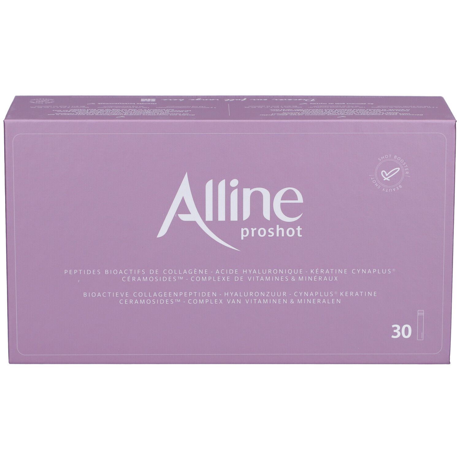 Packung mit 30 Alline Proshot Ampullen, lila, mit einer einzelnen Ampulle.