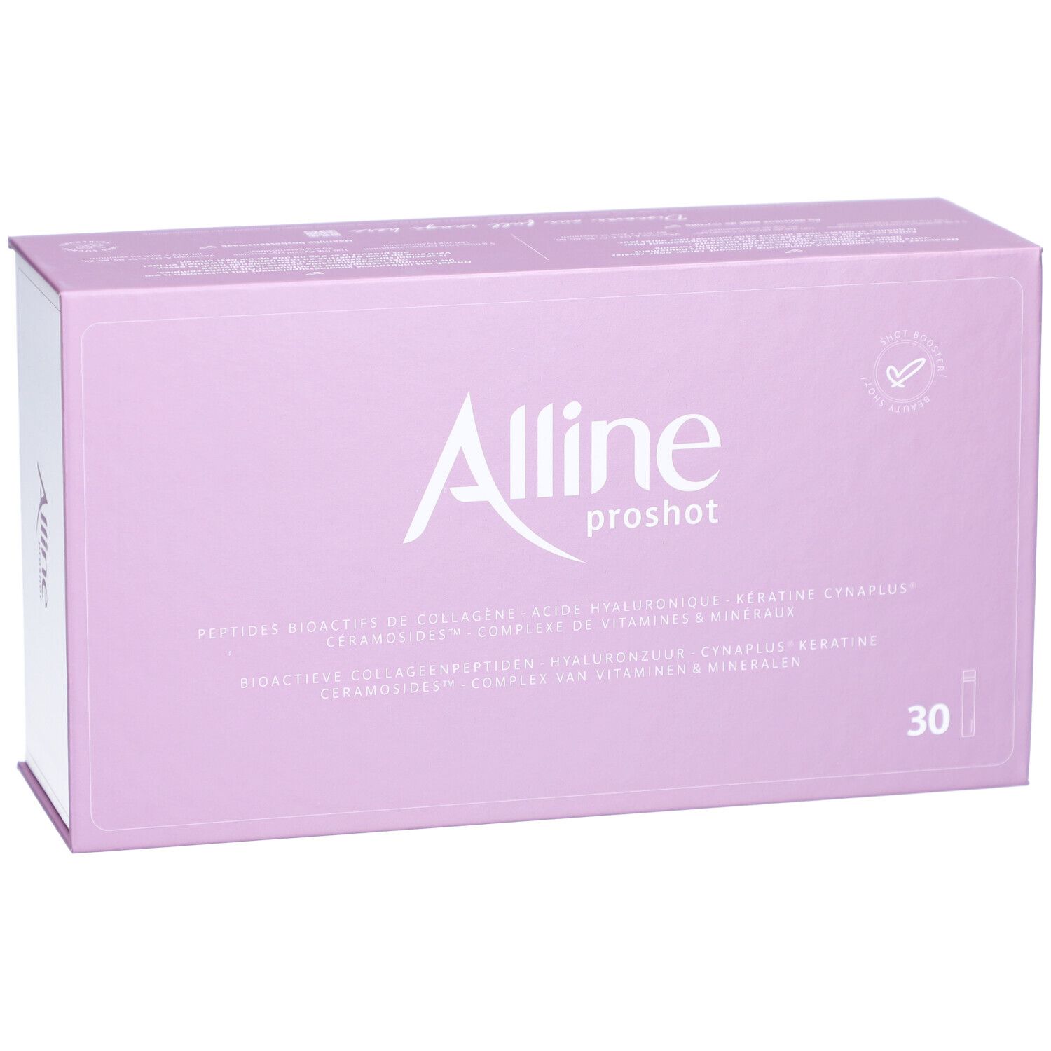 Packung mit 30 Alline Proshot Ampullen, lila, mit einer einzelnen Ampulle.