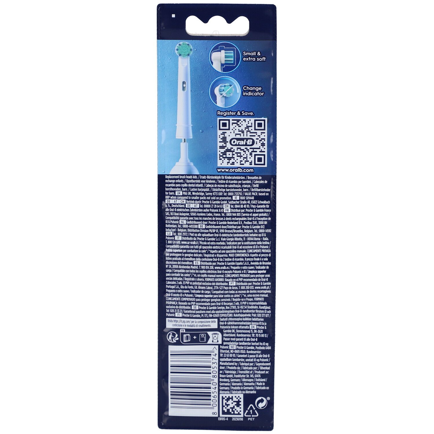 Rückseite der Oral-B Pro Kids 3+ Ersatzbürstenverpackung. Informationen und QR-Code. Enthält Informationen zu den Bürstenköpfen.