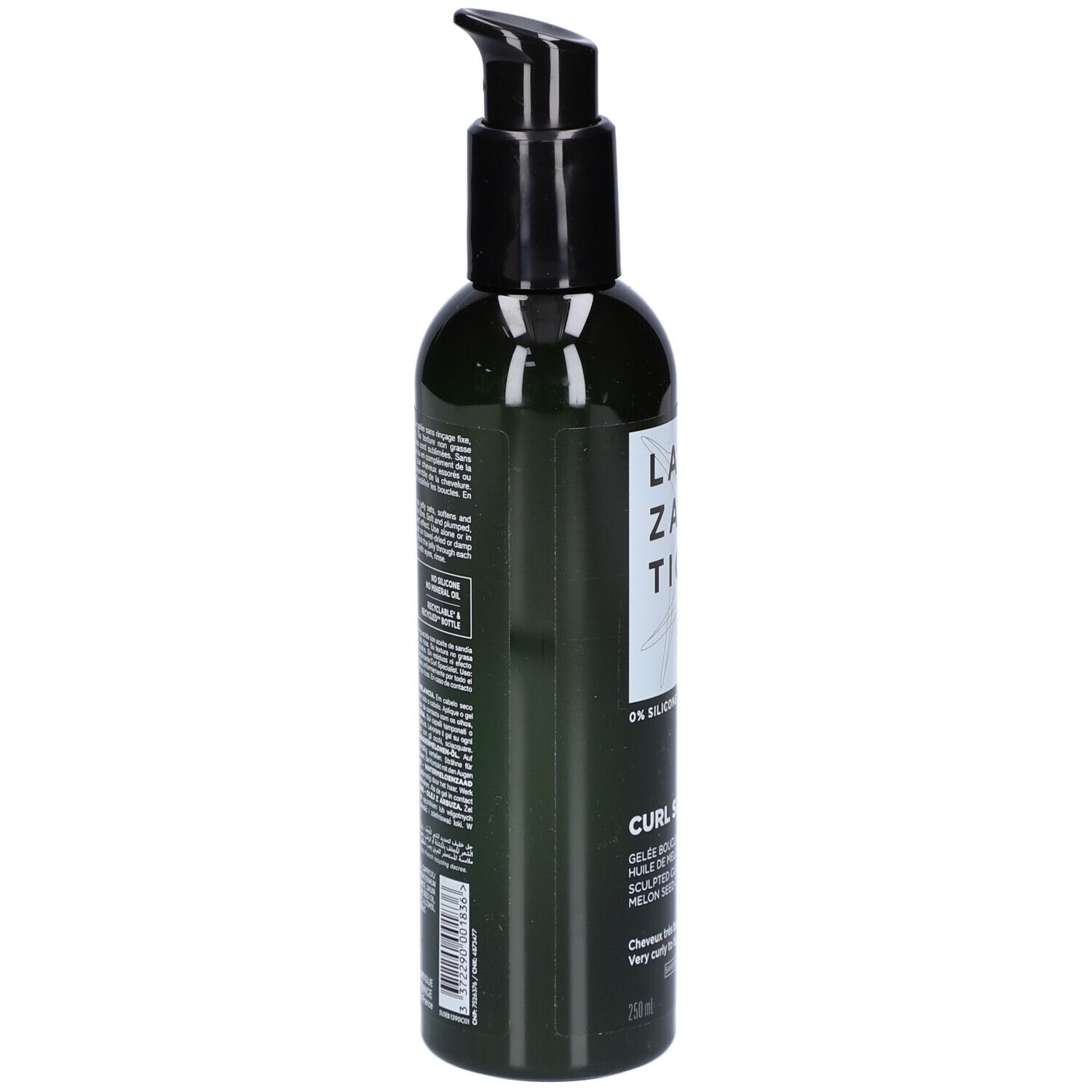 Lazartigue Curl Specialist. Schwarze Flasche mit Pumpe. Text: Curl Specialist, 0% Silikon, 0% Mineralöl. Für lockiges Haar.