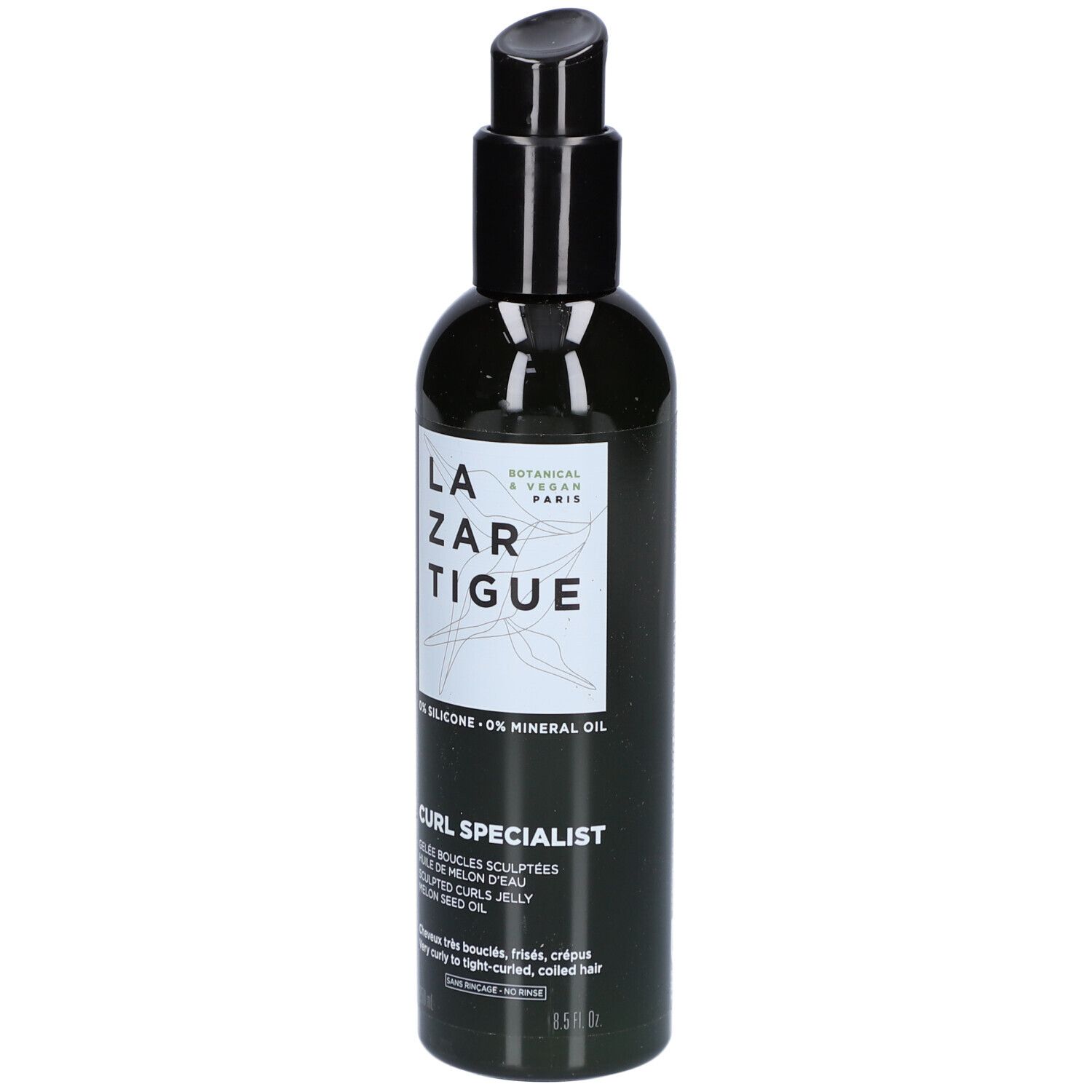 Lazartigue Curl Specialist. Schwarze Flasche mit Pumpe. Text: Curl Specialist, 0% Silikon, 0% Mineralöl. Für lockiges Haar.