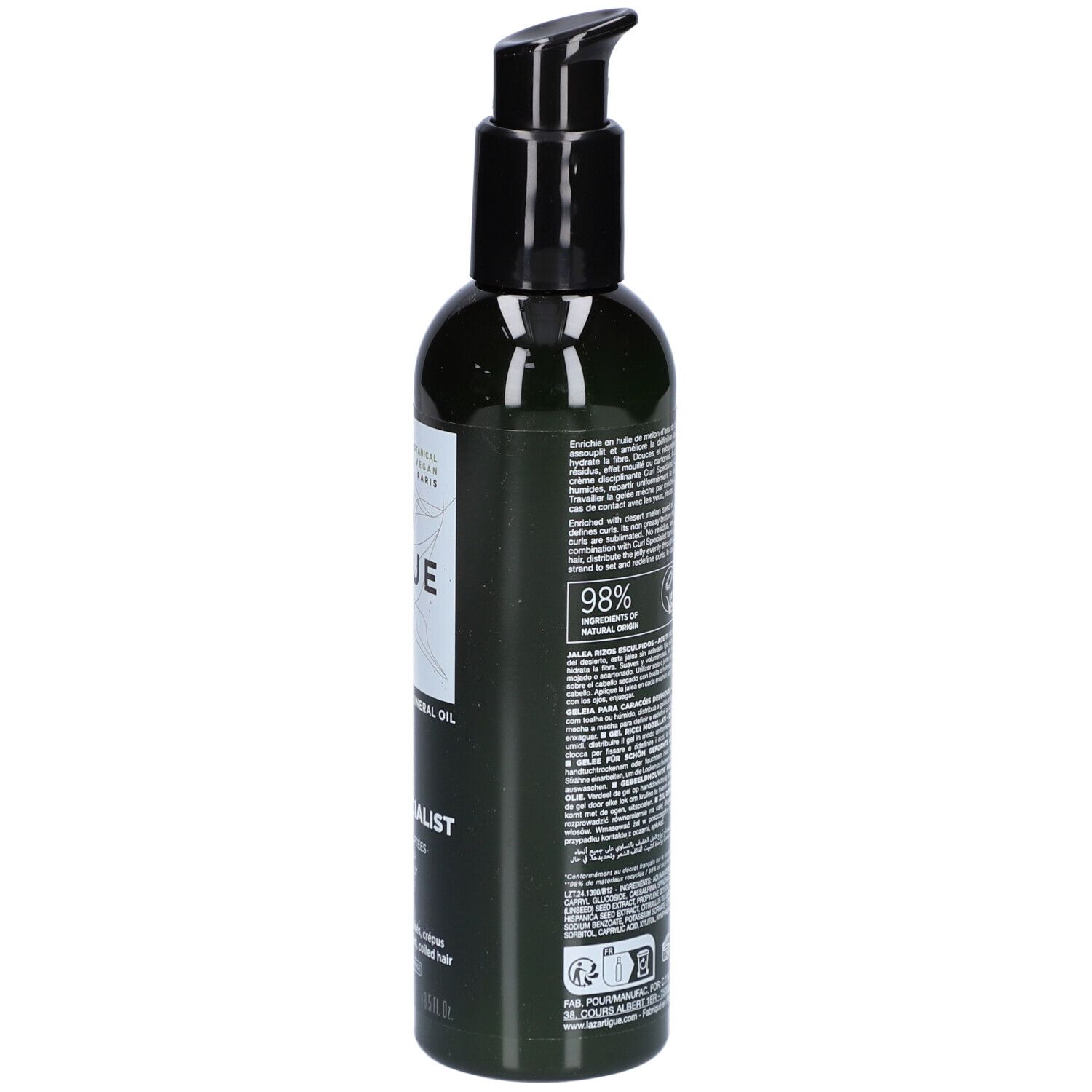 Lazartigue Curl Specialist. Schwarze Flasche mit Pumpe. Text: Curl Specialist, 0% Silikon, 0% Mineralöl. Für lockiges Haar.