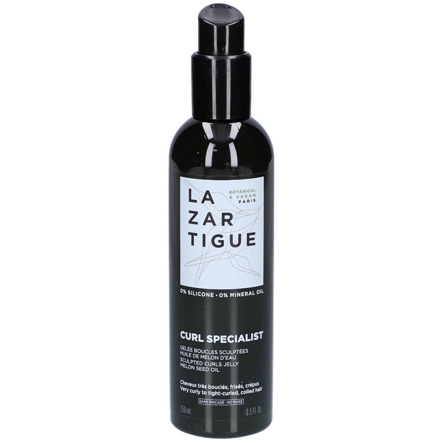Lazartigue Curl Specialist. Schwarze Flasche mit Pumpe. Text: Curl Specialist, 0% Silikon, 0% Mineralöl. Für lockiges Haar.