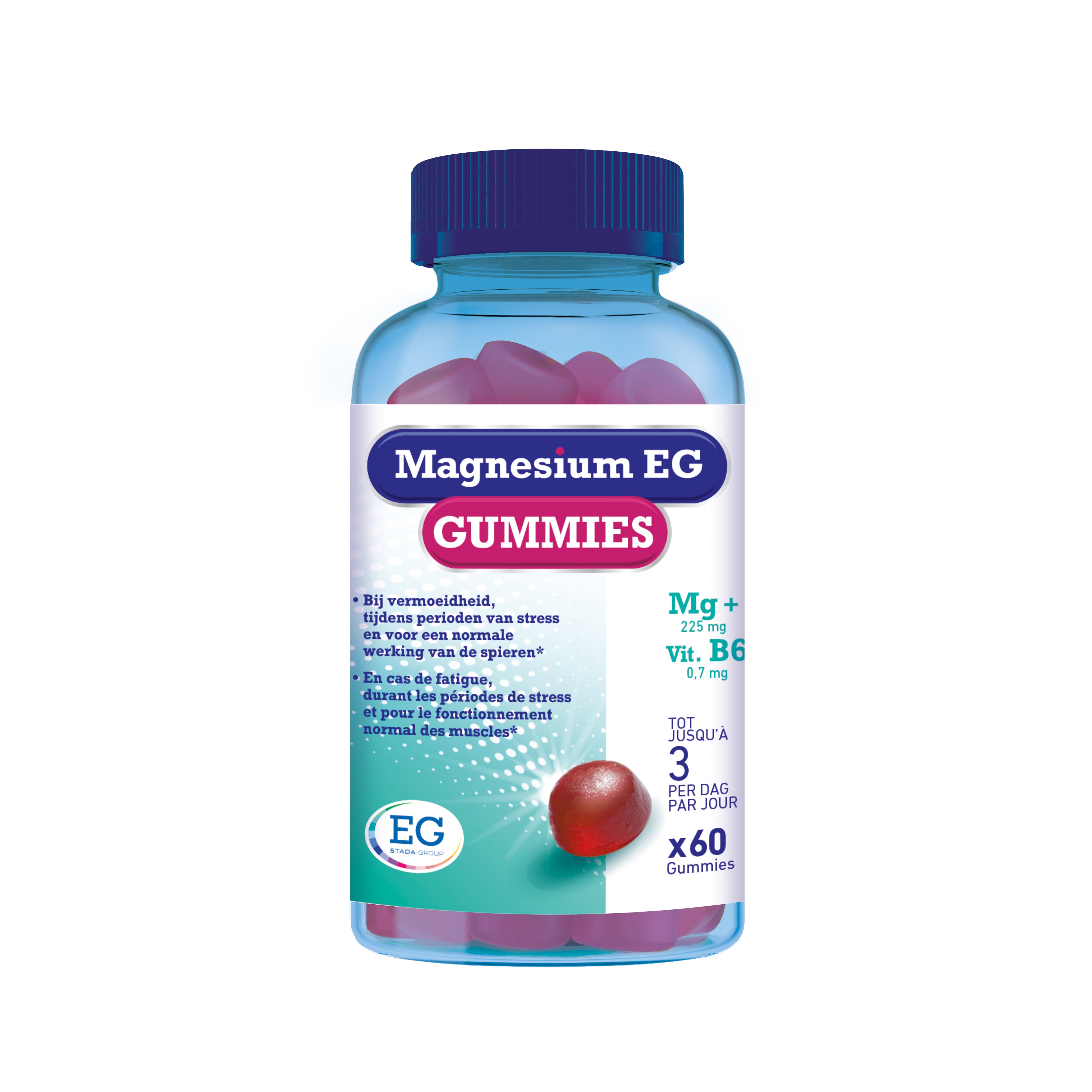 Flacon Magnesium EG GUMMIES. Inscription: Magnesium EG GUMMIES. Gélifiés rouges visibles.