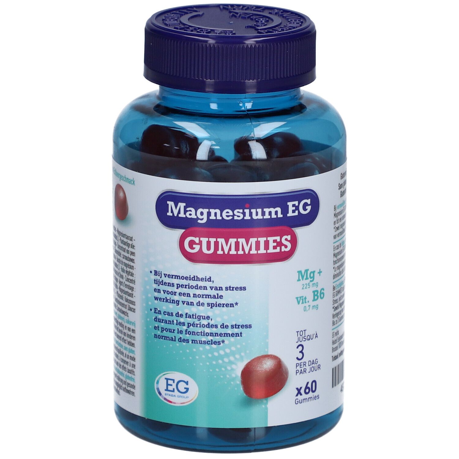 Flacon bleu de Magnesium EG GUMMIES. Gélifiés rouges visibles. Inscription: Magnesium EG GUMMIES.