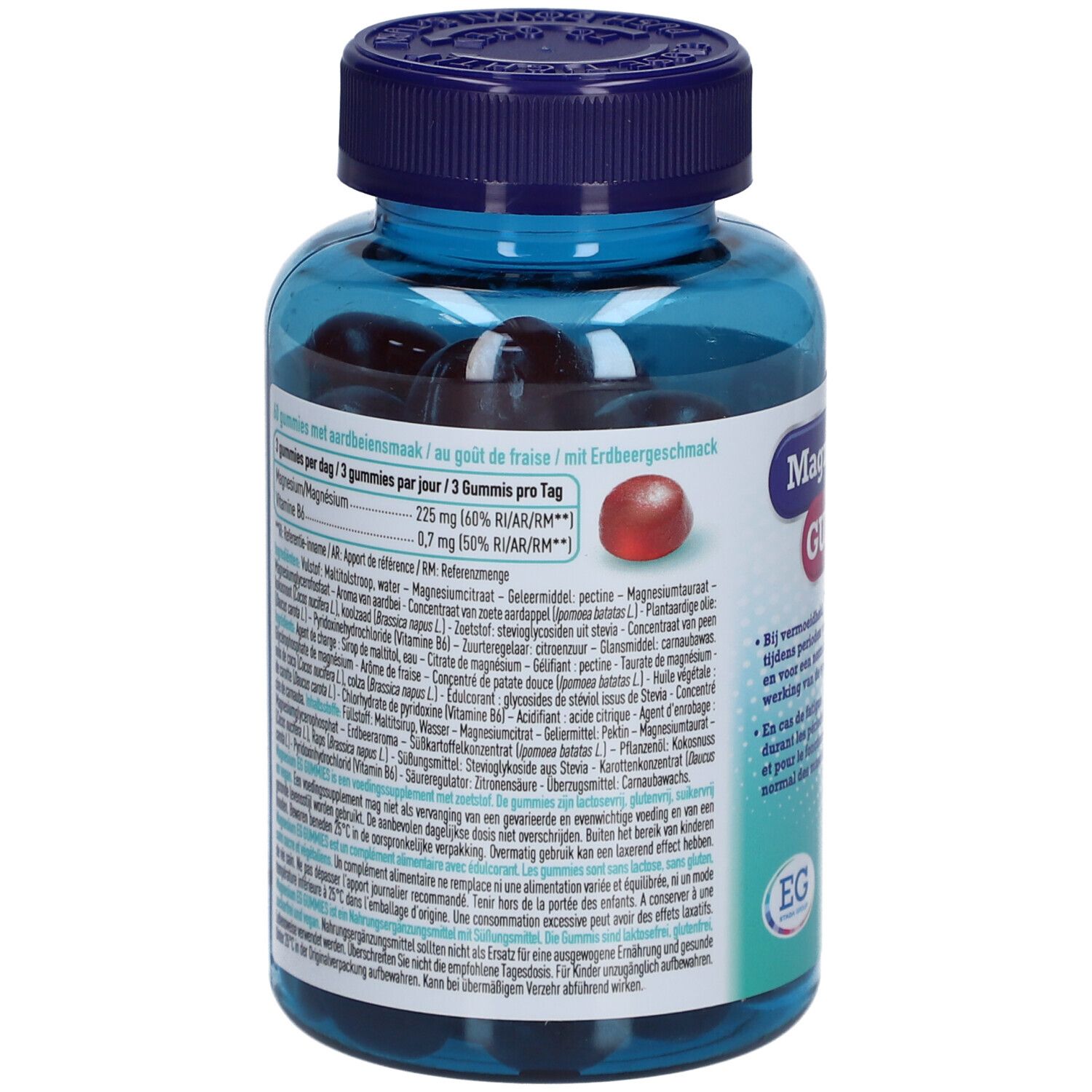 Dos du flacon Magnesium EG GUMMIES. Texte multilingue. Liste des ingrédients et informations nutritionnelles.
