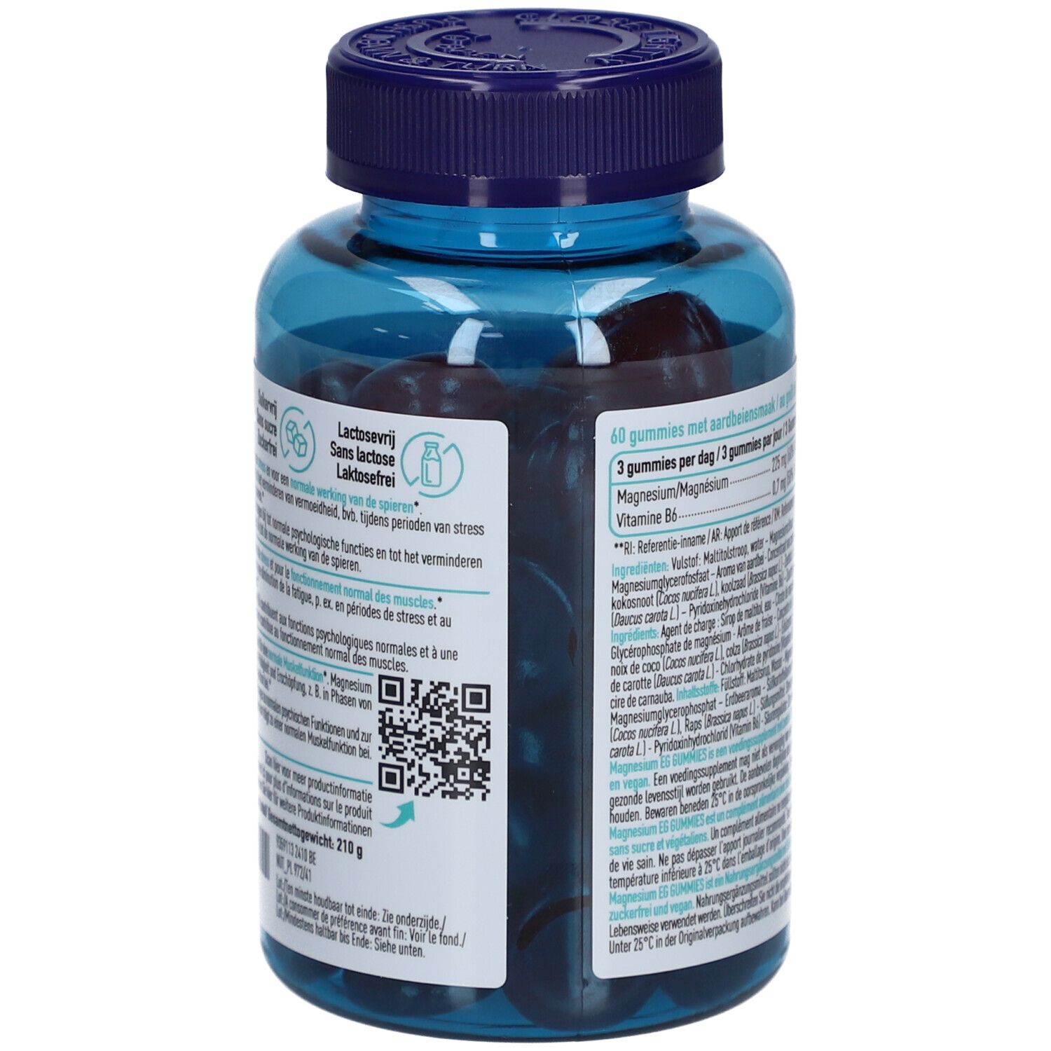 Dos du flacon Magnesium EG GUMMIES. Texte multilingue. Code QR et informations nutritionnelles.