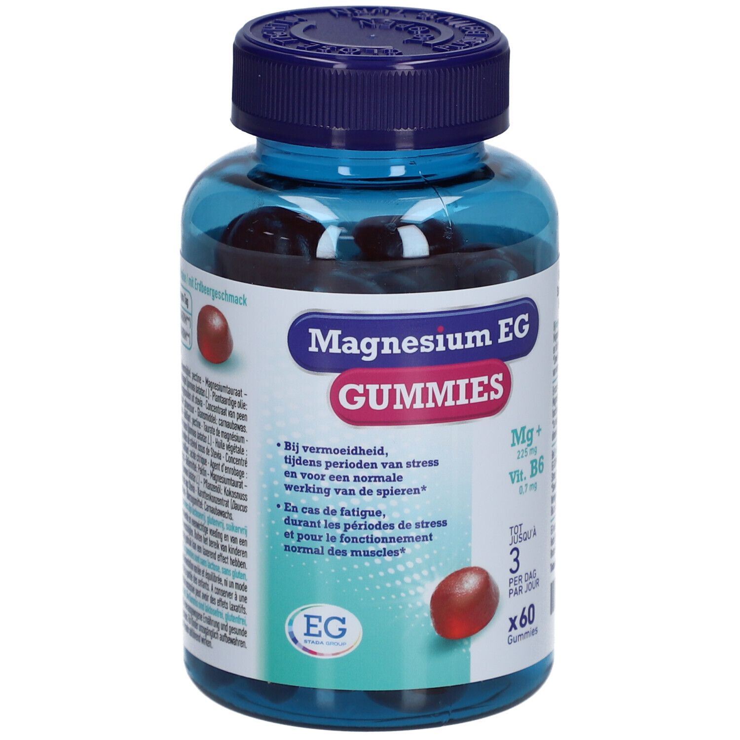 Flacon bleu de Magnesium EG GUMMIES. Gélifiés rouges visibles. Inscription: Magnesium EG GUMMIES.