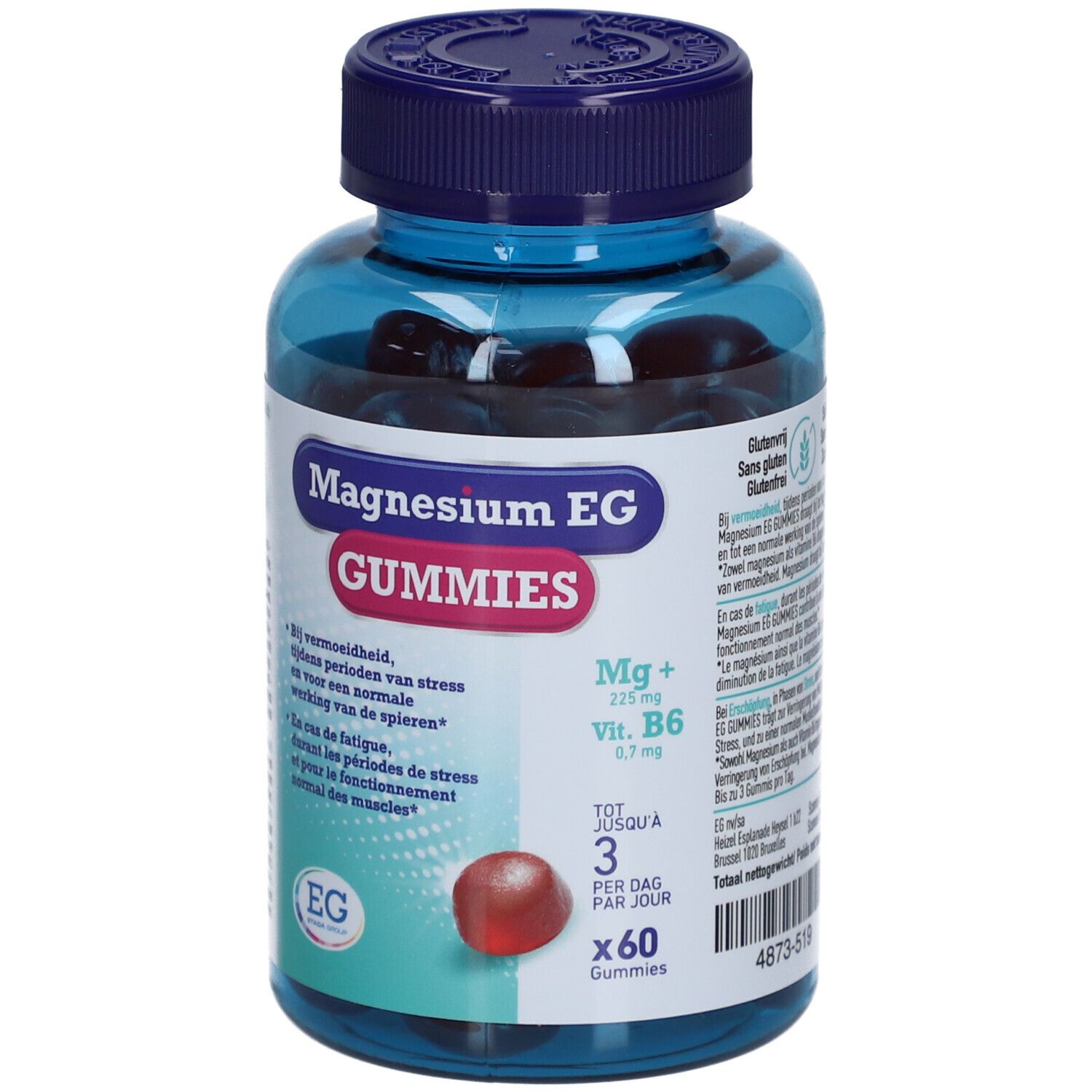 Flacon bleu Magnesium EG GUMMIES. Inscription: Magnesium EG GUMMIES. Gélifiés rouges visibles.