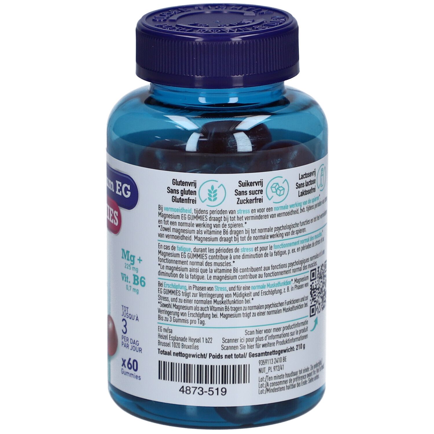 Dos du flacon Magnesium EG GUMMIES. Texte multilingue. Sans gluten, sans sucre, sans lactose.