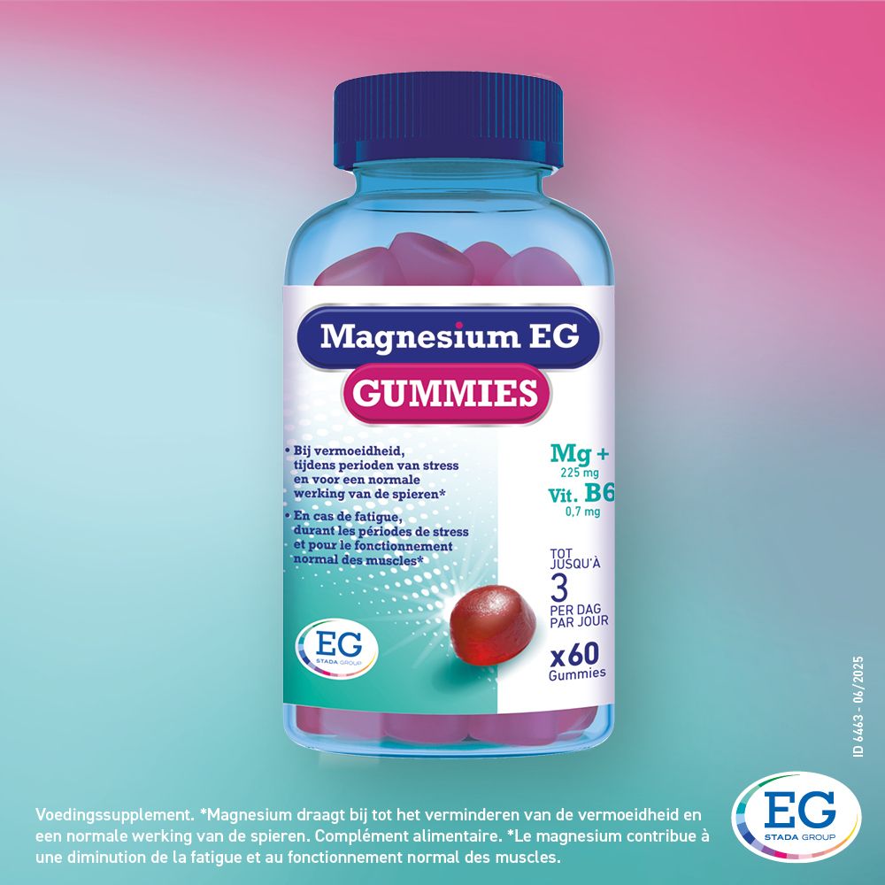 Flacon Magnesium EG GUMMIES. Inscription: Magnesium EG GUMMIES. Fond vert et bleu.