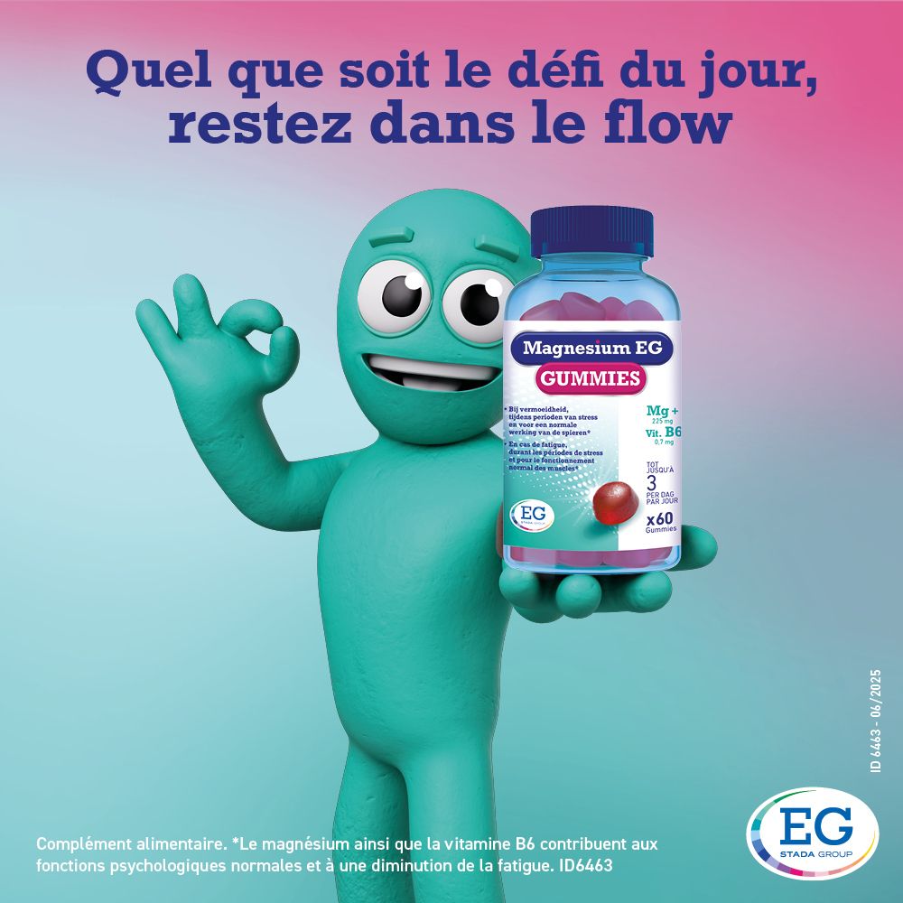 Personnage de dessin animé tenant un flacon Magnesium EG GUMMIES. Inscription: Magnesium EG GUMMIES. Fond rose et bleu.