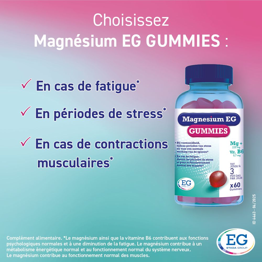 Flacon Magnesium EG GUMMIES. Inscription: Magnesium EG GUMMIES. Texte: En cas de fatigue, stress, contractions.